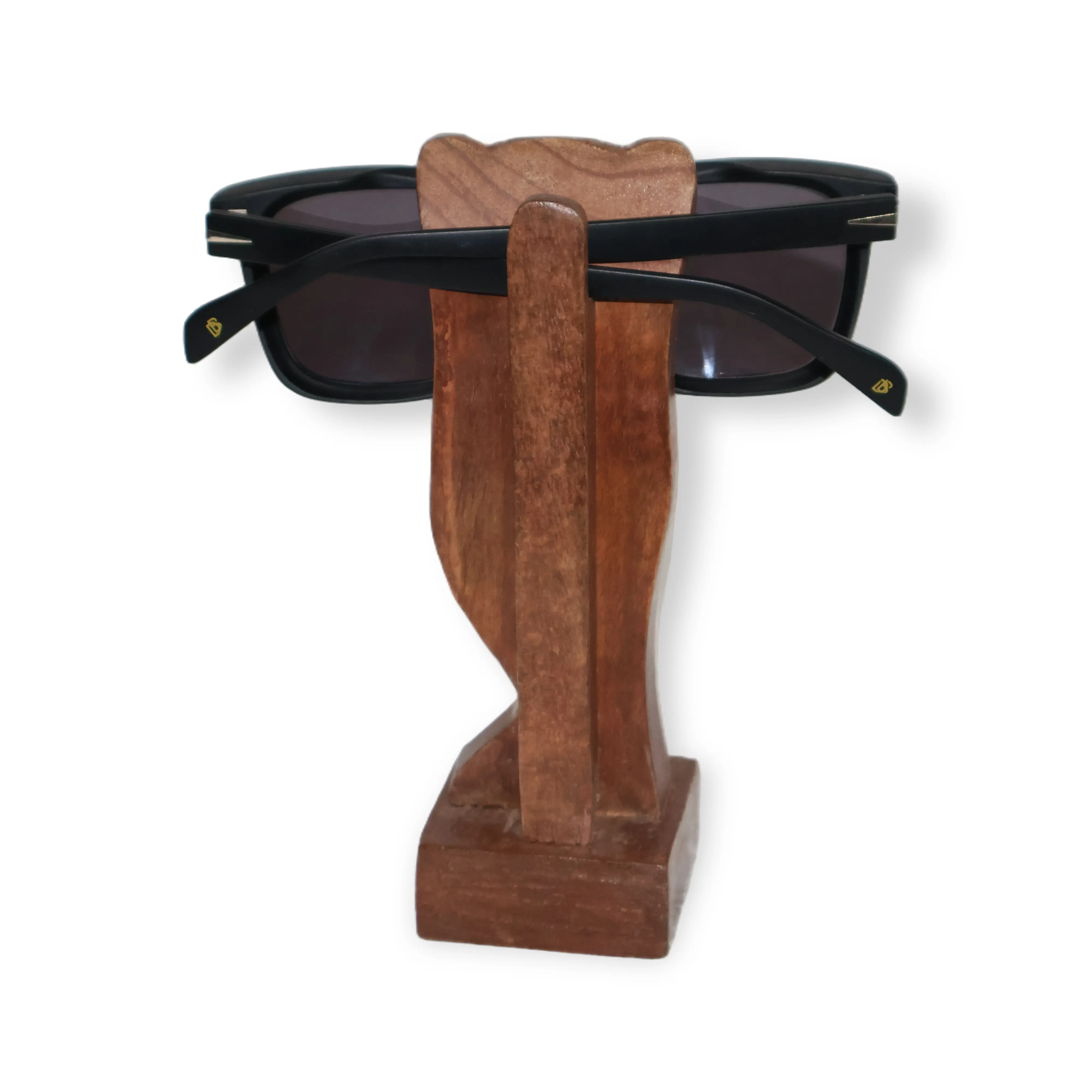 ArtistryBazaar 2"L x 2"W x 6.5"H inch handmade wooden owl figure spectacle holder, dark brown colored, back hook for glasses storage, and square base for stability.