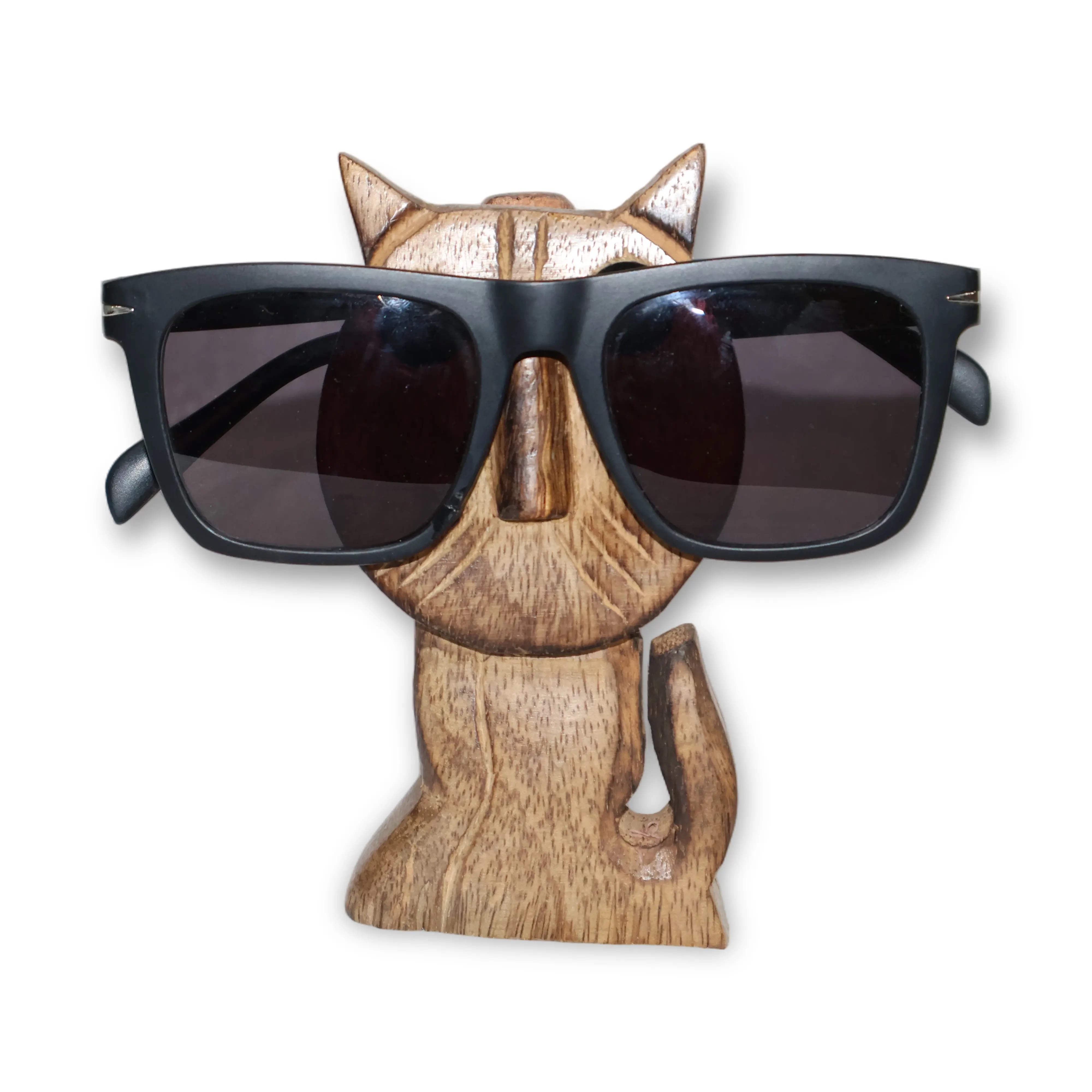 ArtistryBazaar 2.5"L x 1.5"W x 5"H inch wooden spectacle holder, handcrafted in the shape of a cat with round black eyes, detailed whiskers, and a curled tail.