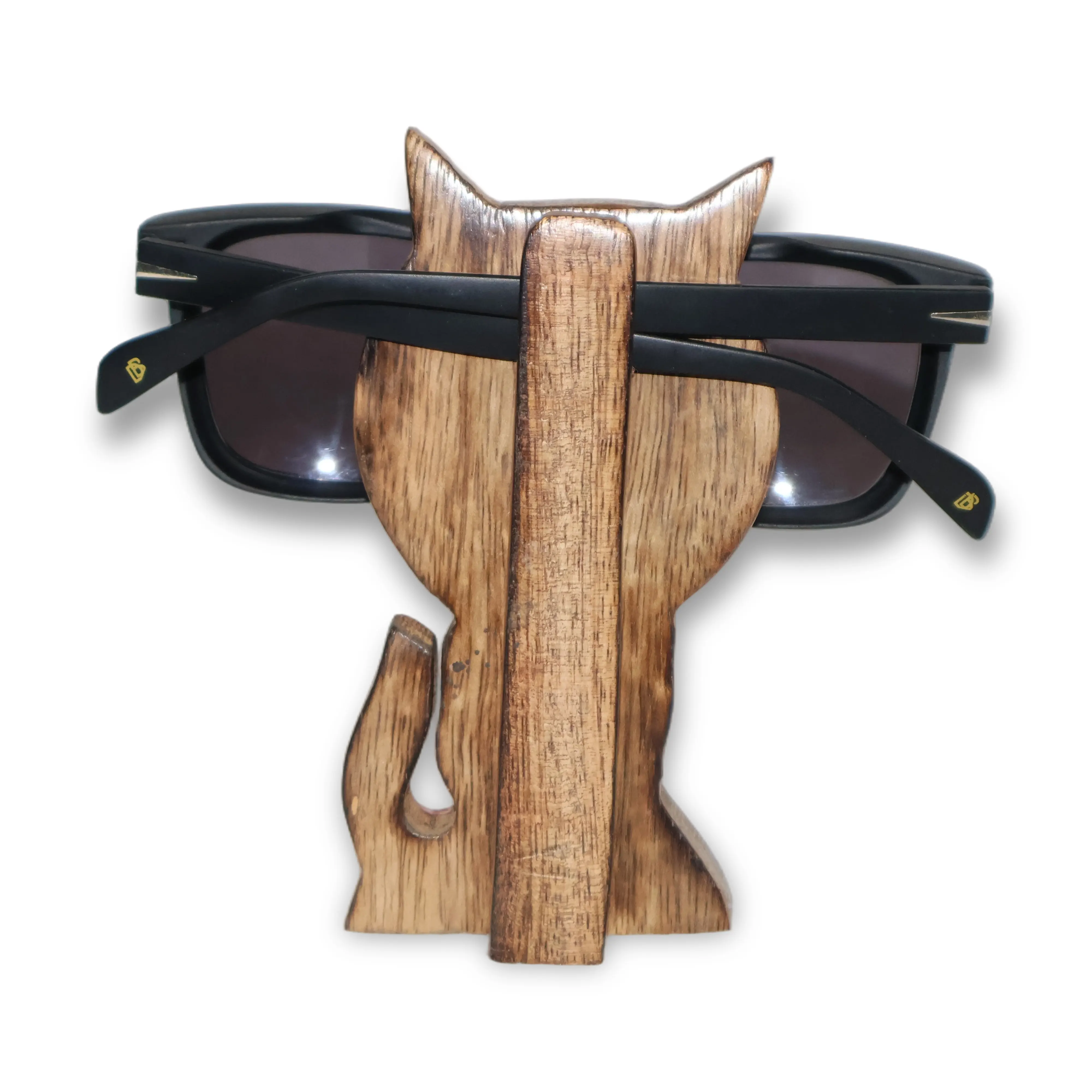 ArtistryBazaar 2.5"L x 1.5"W x 5"H inch wooden spectacle holder, handcrafted in the shape of a cat with round black eyes, detailed whiskers, and a curled tail.