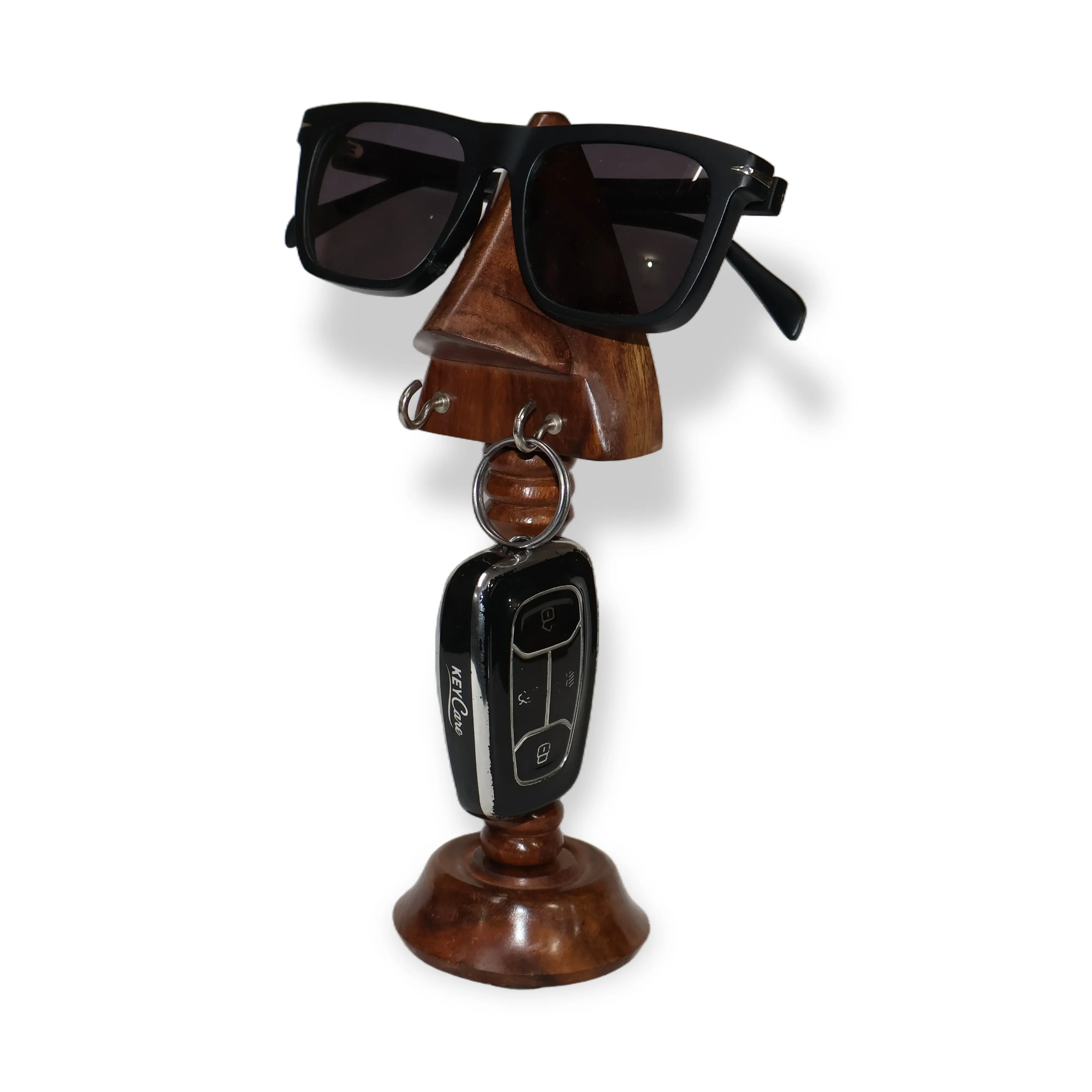 ArtistryBazaar 2.5"L x 2.5"W x 9"H inch handmade wooden spectacle & key holder, face-shaped design with triangular nose for glasses, two metal hooks for keys, rings, or small accessories.