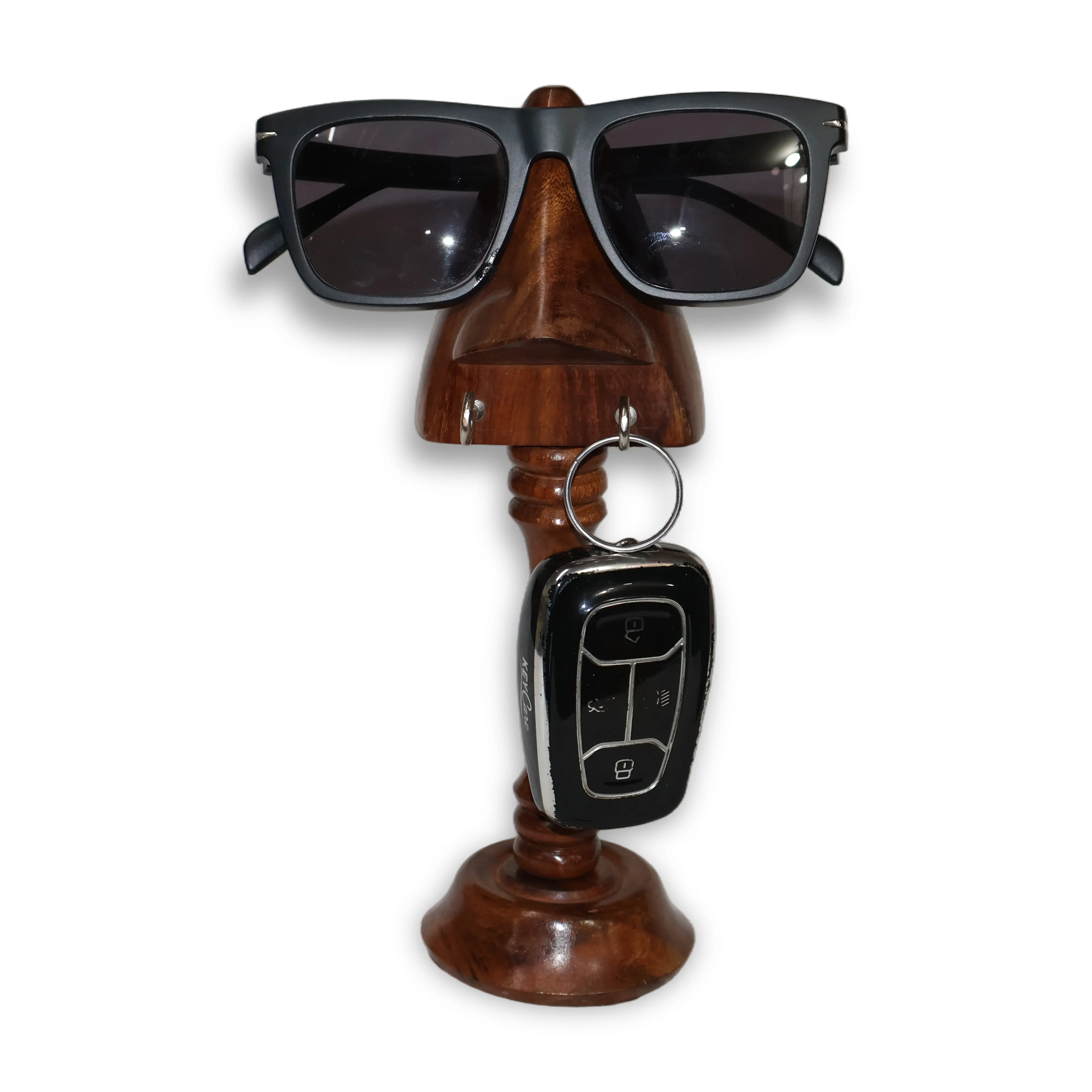 ArtistryBazaar 2.5"L x 2.5"W x 9"H inch handmade wooden spectacle & key holder, face-shaped design with triangular nose for glasses, two metal hooks for keys, rings, or small accessories.