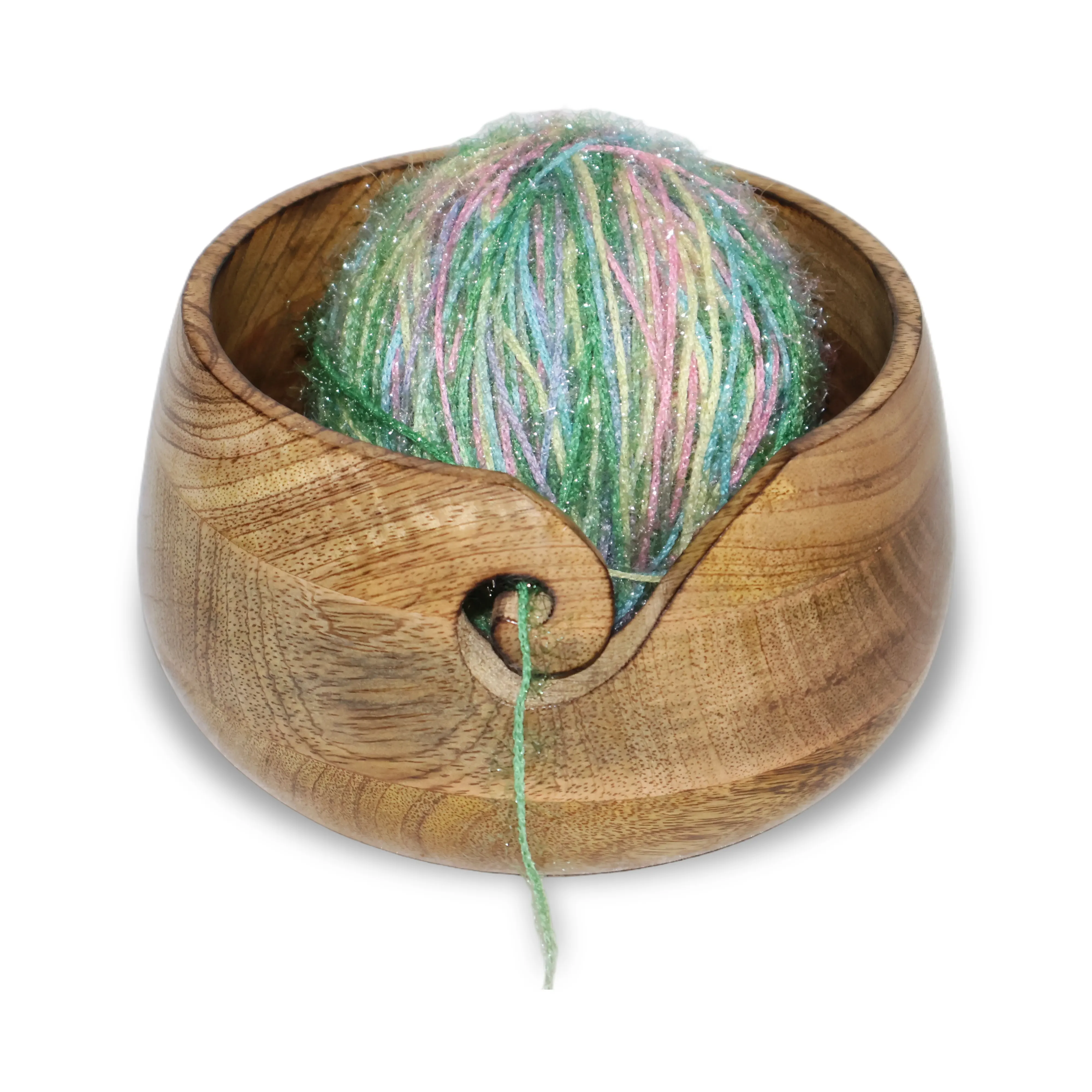 ArtistryBazaar 6"L x 6"W x 3.5"H inch handcrafted wooden yarn bowl, tangle-free design for knitting and crocheting with a unique swirl cutout, polished light brown finish.