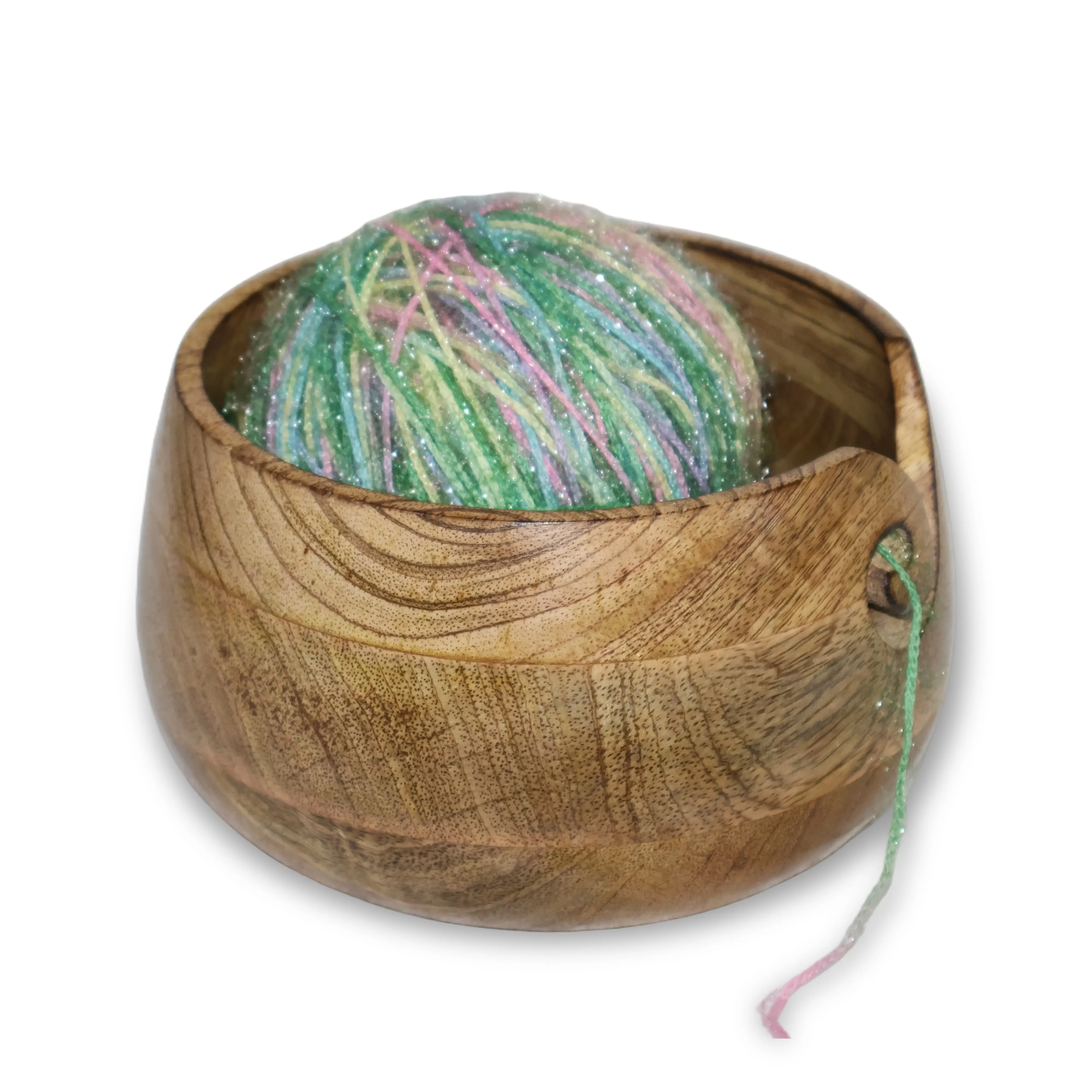 ArtistryBazaar 6"L x 6"W x 3.5"H inch handcrafted wooden yarn bowl, tangle-free design for knitting and crocheting with a unique swirl cutout, polished light brown finish.