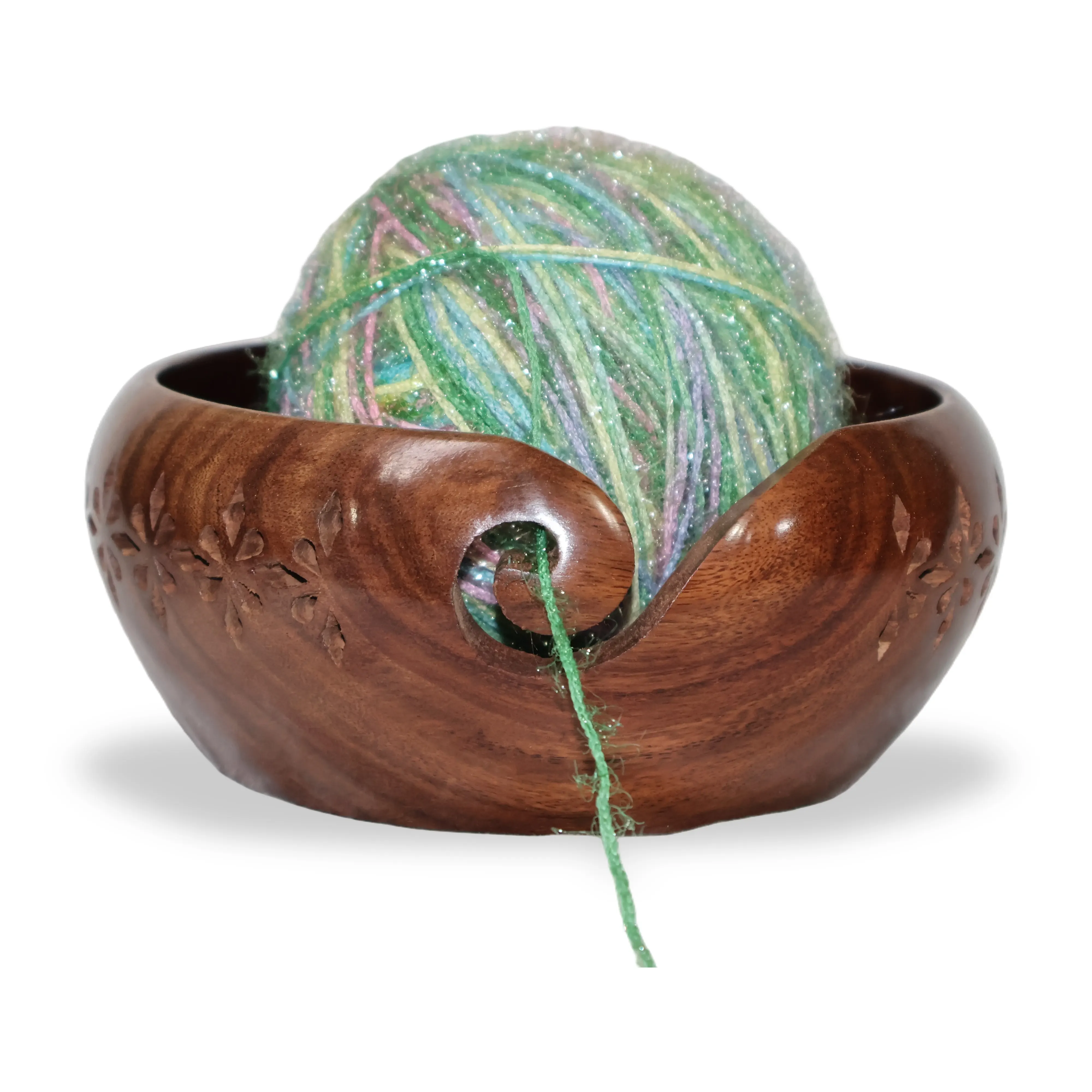 ArtistryBazaar 6"L x 6"W x 3"H inch handmade wooden yarn bowl, swirl cutout design, glossy dark brown surface, a must-have crafting accessory for crafters and creative individuals.