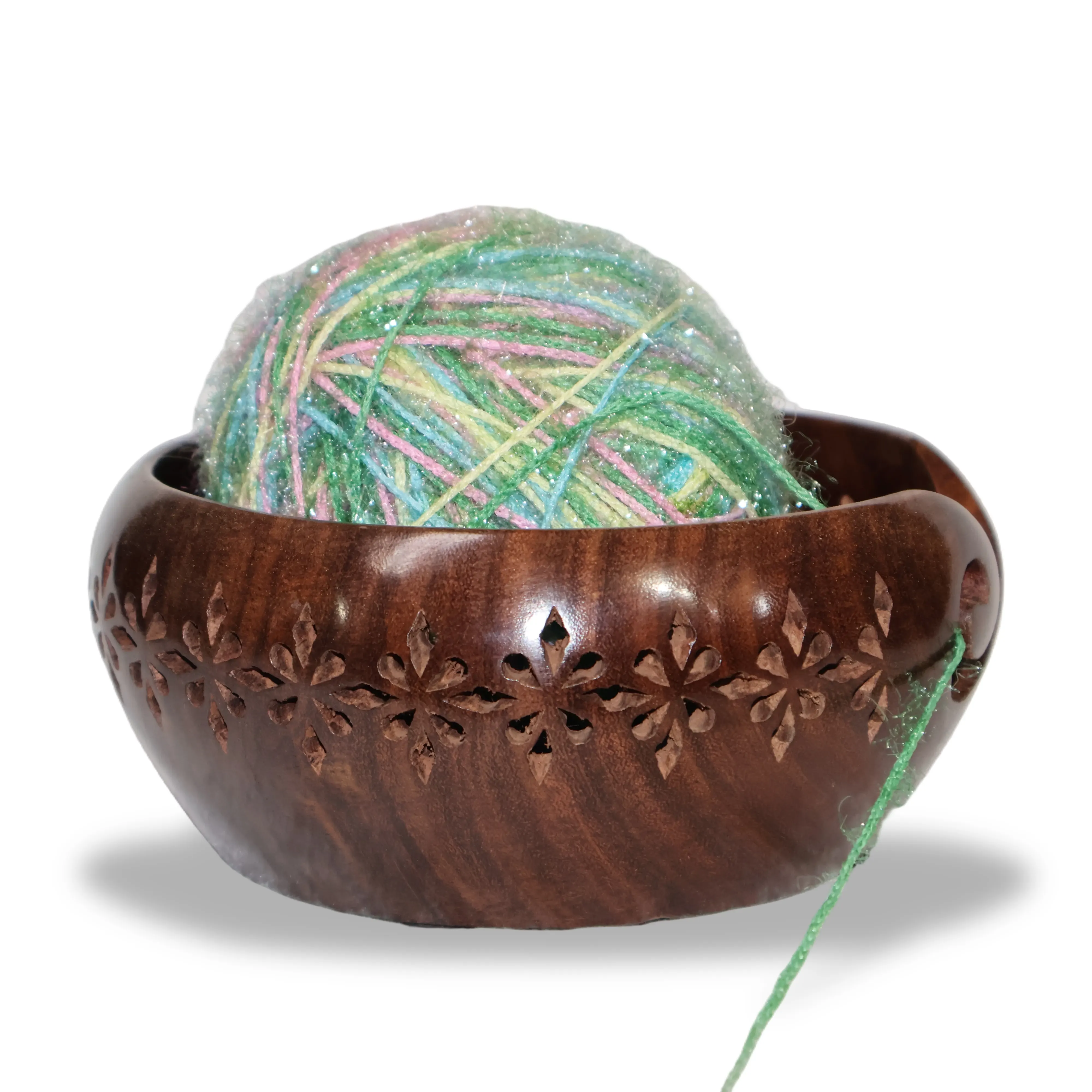 ArtistryBazaar 6"L x 6"W x 3"H inch handmade wooden yarn bowl, swirl cutout design, glossy dark brown surface, a must-have crafting accessory for crafters and creative individuals.
