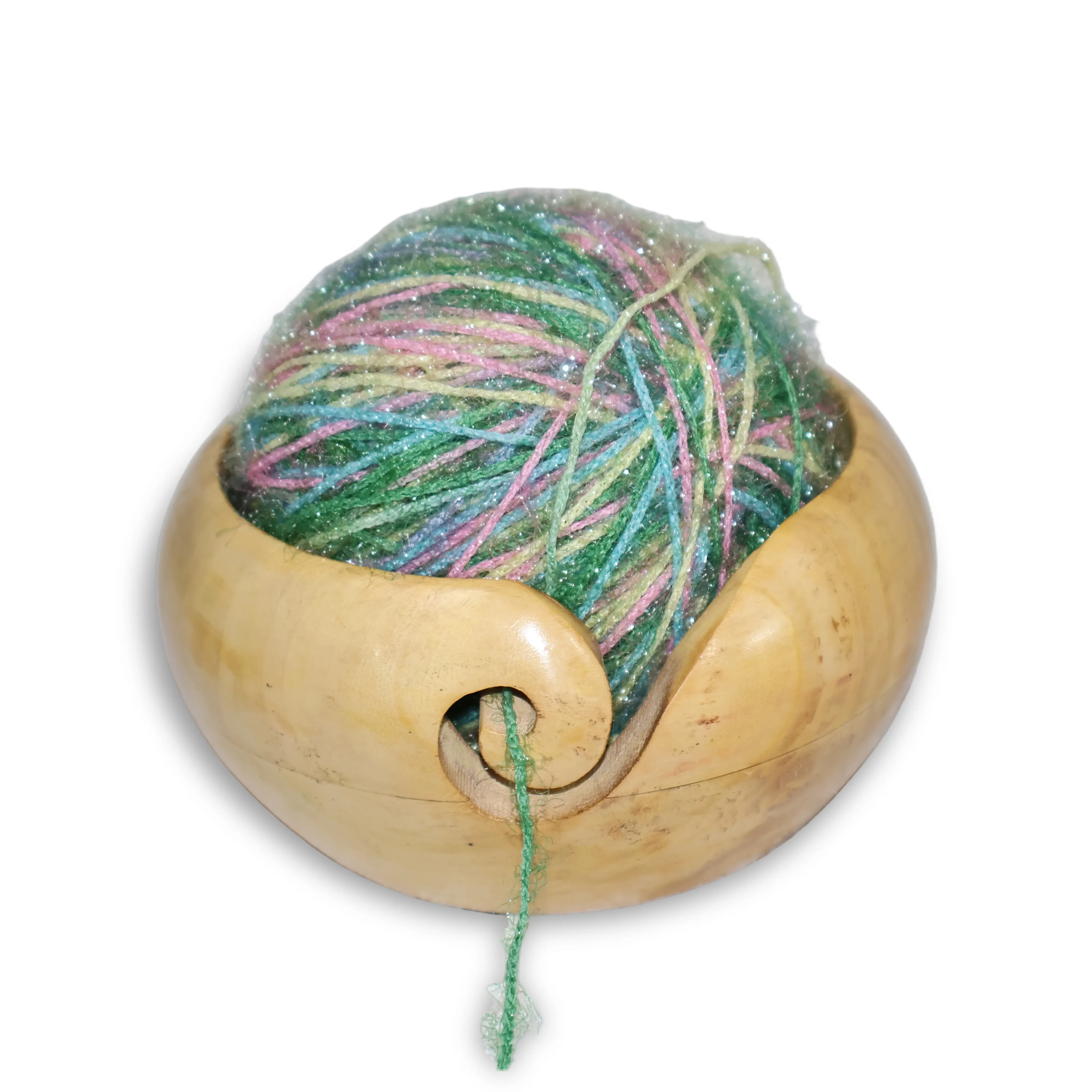 ArtistryBazaar 5"L x 5"W x 3"H inch handmade wooden yarn bowl, swirl cutout for tangle-free thread, flat base for stability, excellent decorative item and thoughtful gift for weavers.