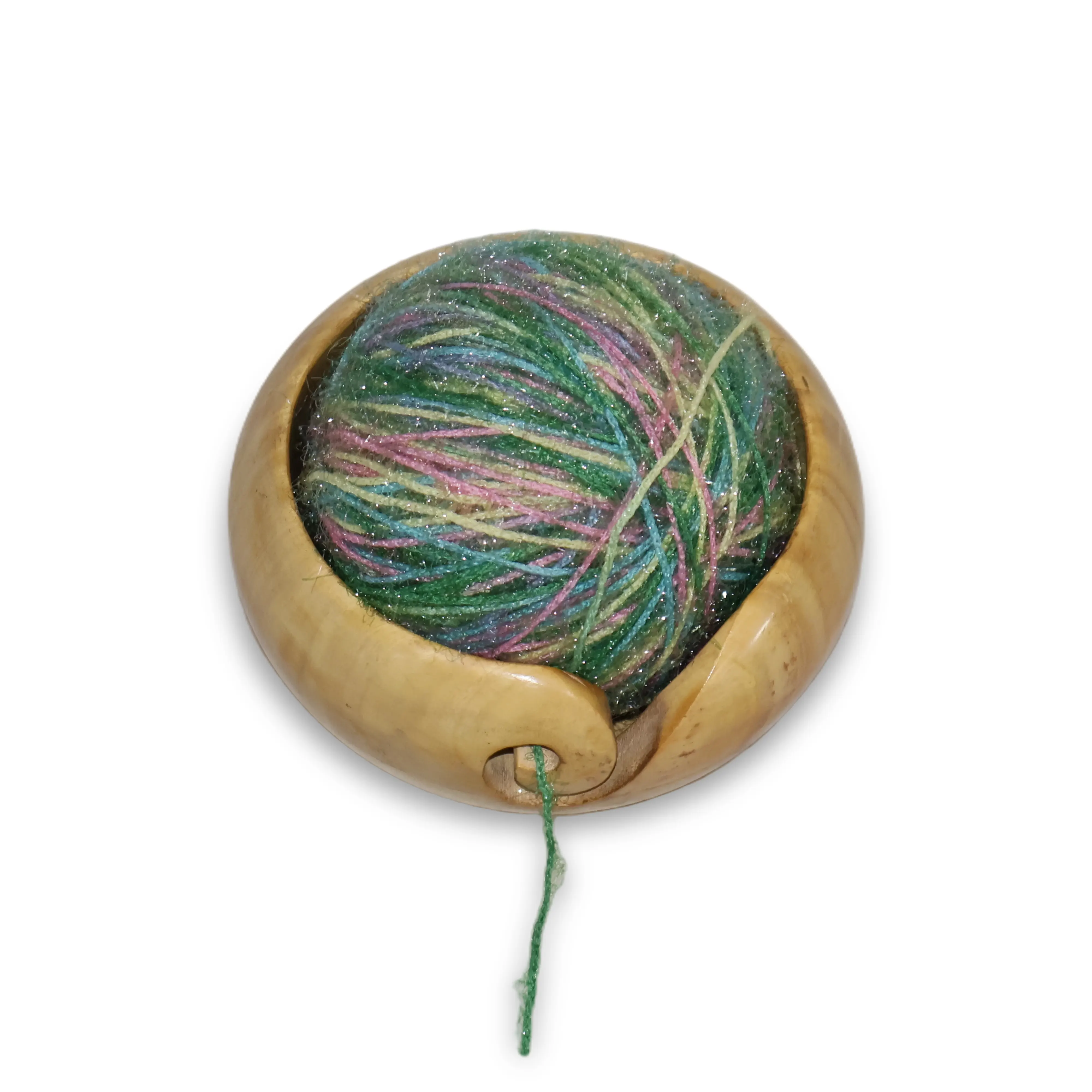 ArtistryBazaar 5"L x 5"W x 3"H inch handmade wooden yarn bowl, swirl cutout for tangle-free thread, flat base for stability, excellent decorative item and thoughtful gift for weavers.