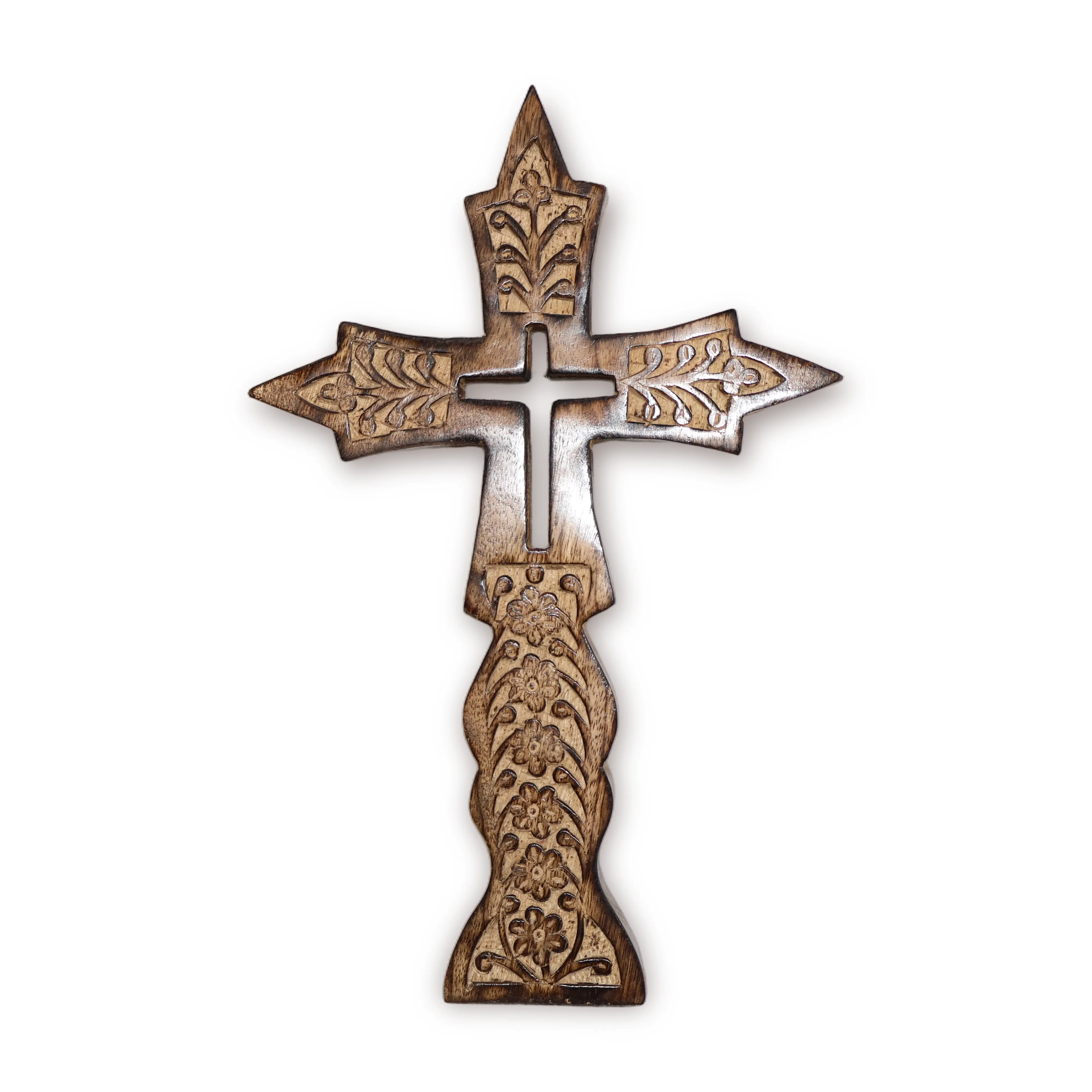 ArtistryBazaar 7.5"L x 0.8"W x 11.5"H inch handmade wooden crucifix in natural brown shade, gothic style, wall-mounted Jesus Christ cross with floral & leaf carvings.