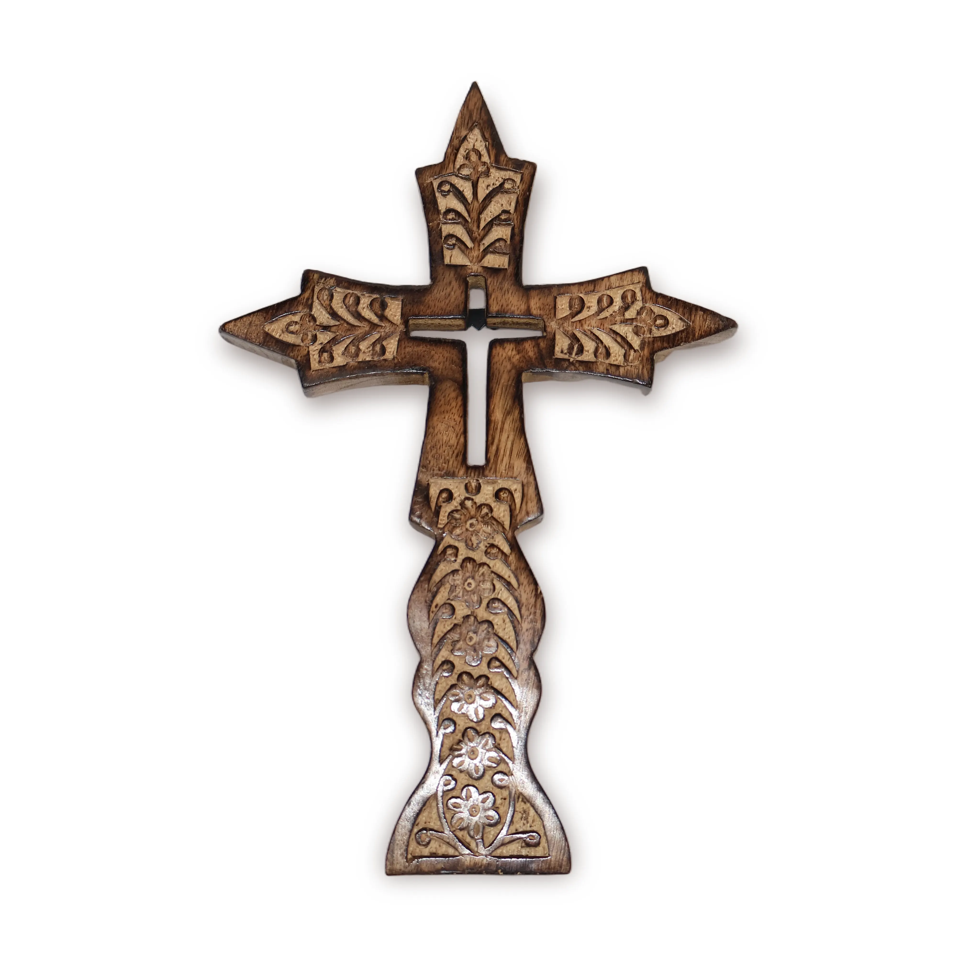 ArtistryBazaar 7.5"L x 0.8"W x 11.5"H inch handmade wooden crucifix in natural brown shade, gothic style, wall-mounted Jesus Christ cross with floral & leaf carvings.