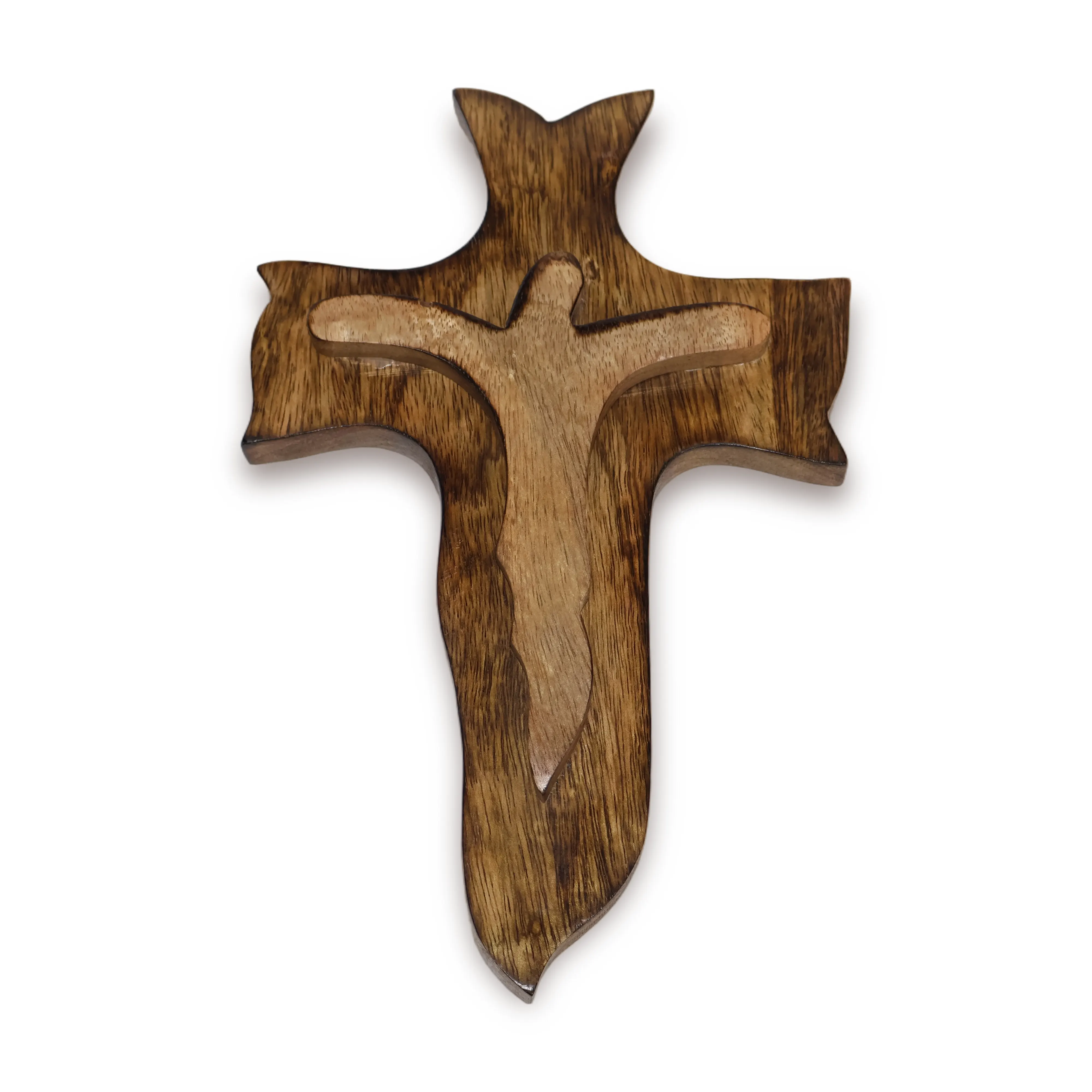 ArtistryBazaar 7.5"L x 0.8"W x 11.5"H inch handcrafted wooden cross wall hanging, polished brown colored with a delicately carved smaller cross in the center.