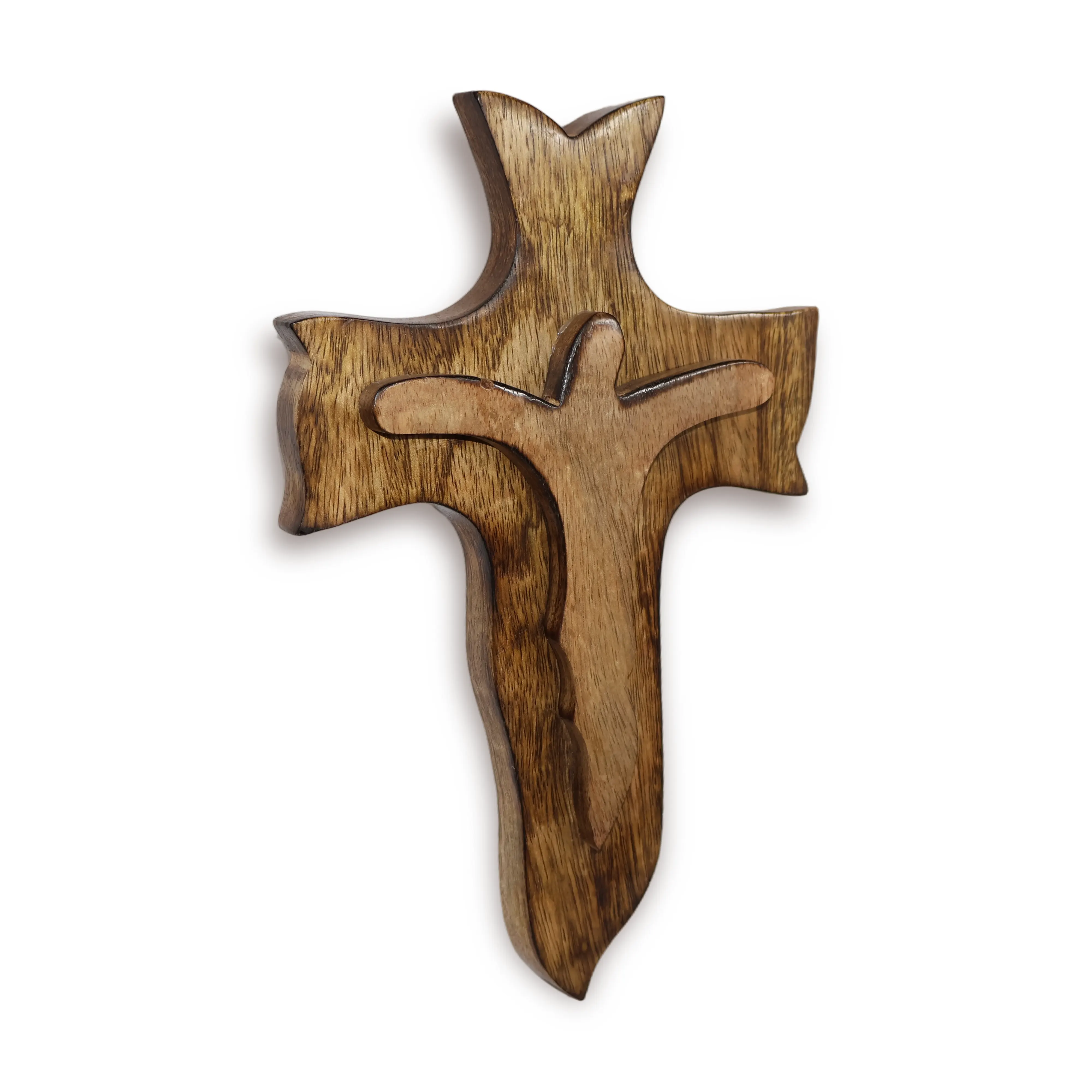 ArtistryBazaar 7.5"L x 0.8"W x 11.5"H inch handcrafted wooden cross wall hanging, polished brown colored with a delicately carved smaller cross in the center.