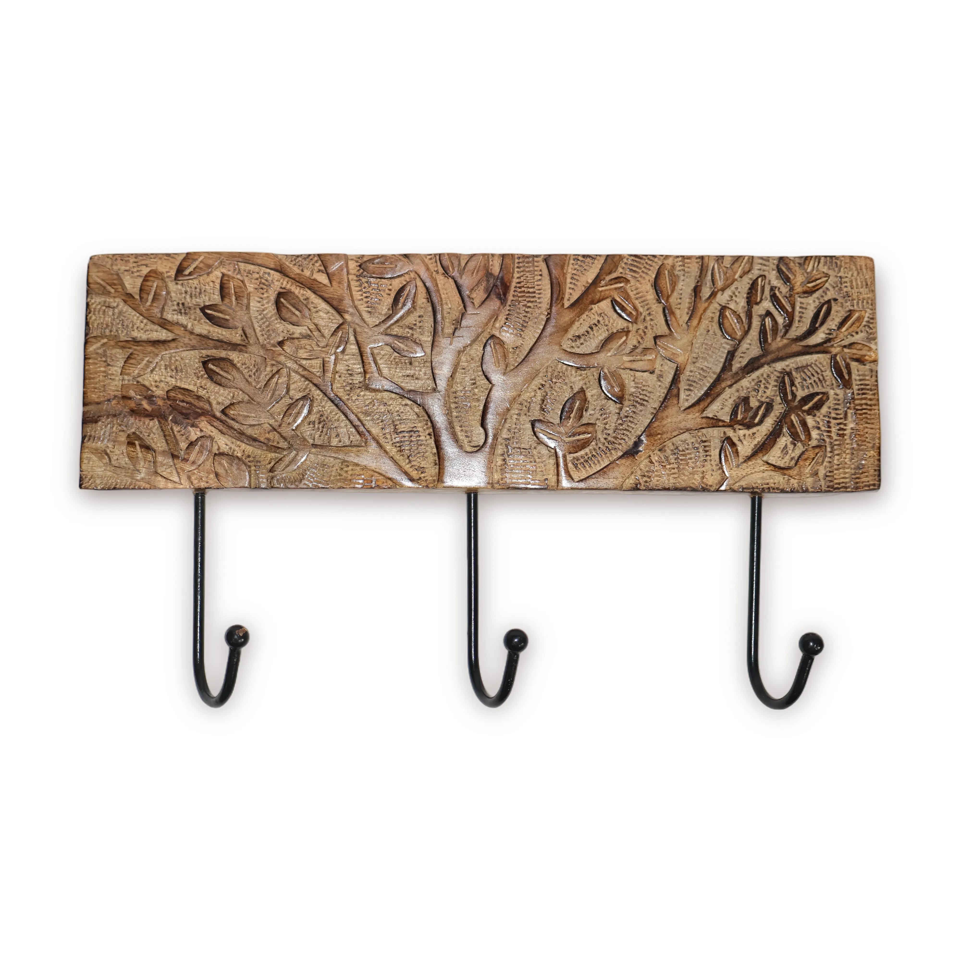 ArtistryBazaar 14.5"L x 1"W x 8.5"H inch handmade wooden wall hanger, nature-inspired carved tree design, 3 black curved metal hooks for hanging keys, bags, and scarves.