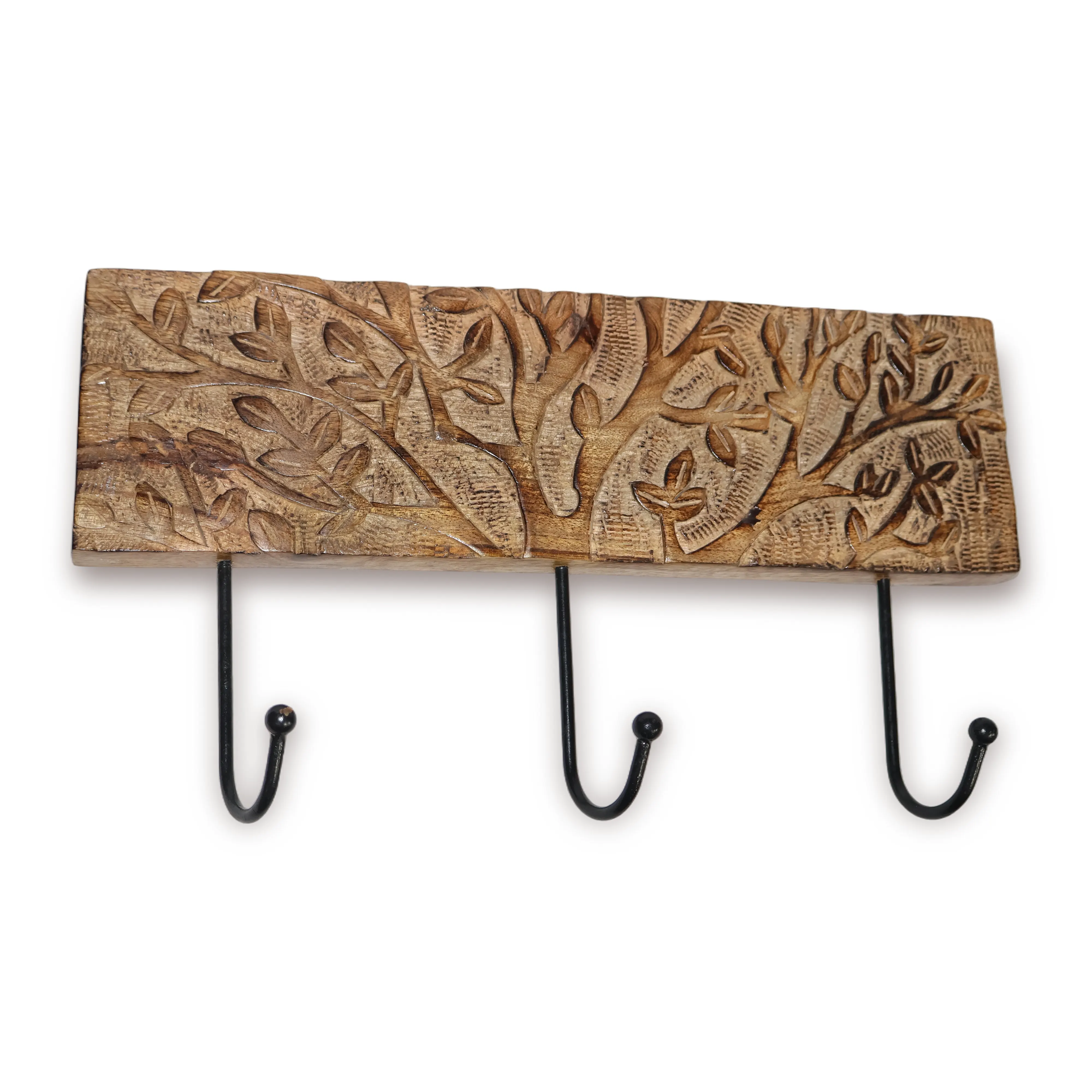 ArtistryBazaar 14.5"L x 1"W x 8.5"H inch handmade wooden wall hanger, nature-inspired carved tree design, 3 black curved metal hooks for hanging keys, bags, and scarves.