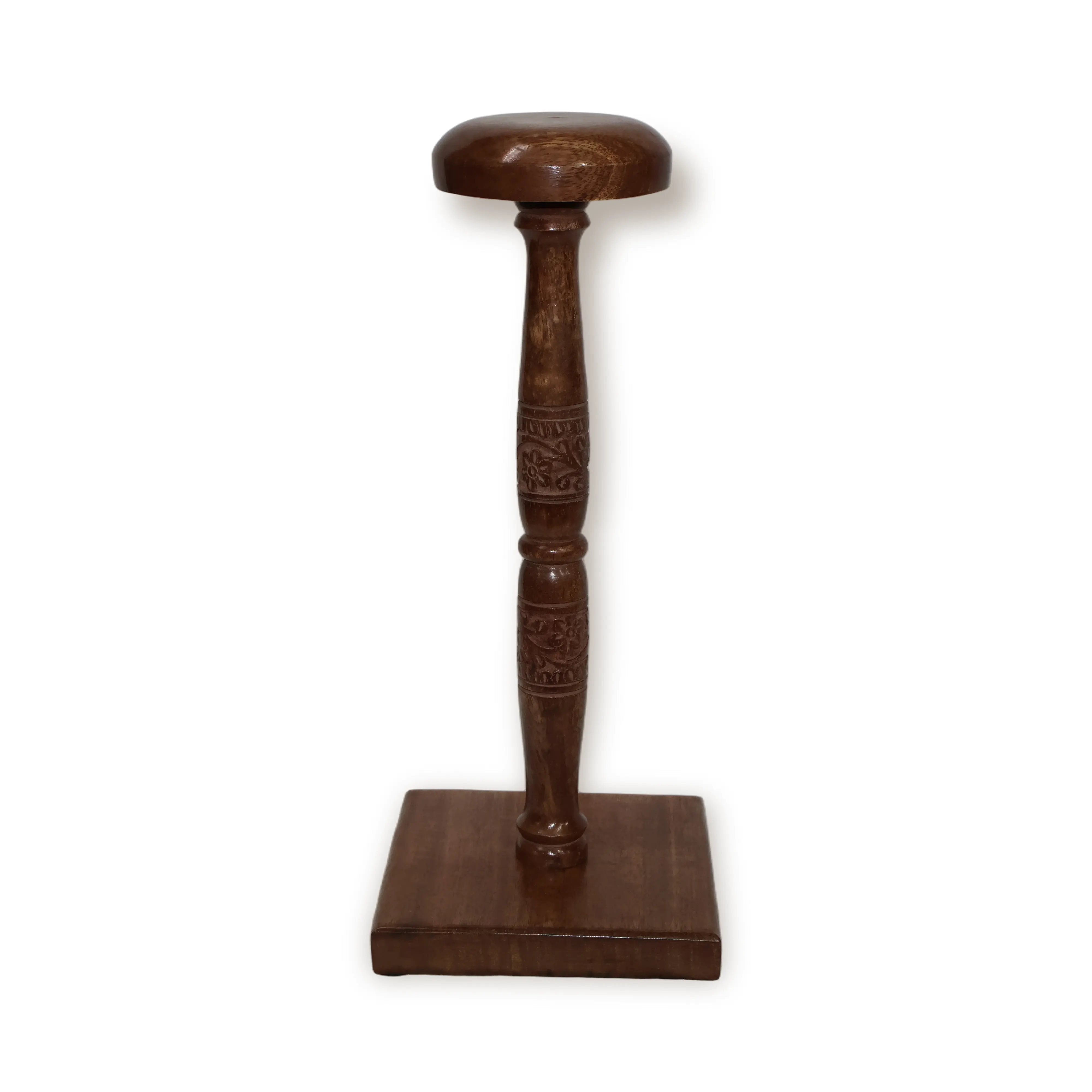 ArtistryBazaar 6.5"L x 6.5"W x 15"H inch handcrafted brown wooden helmet stand, circular top, squarish base, exquisite detailing by hand, classic accessory for your helmets.
