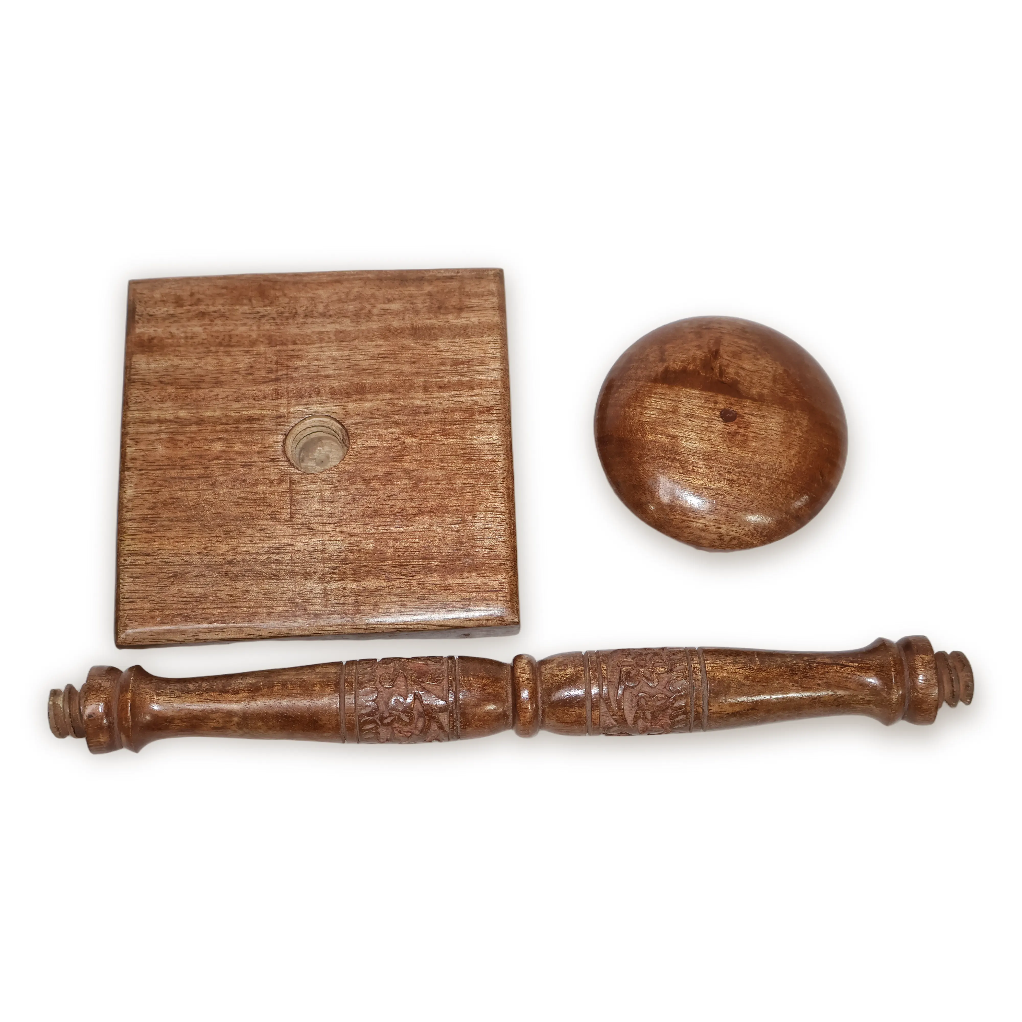 ArtistryBazaar 6.5"L x 6.5"W x 15"H inch handcrafted brown wooden helmet stand, circular top, squarish base, exquisite detailing by hand, classic accessory for your helmets.