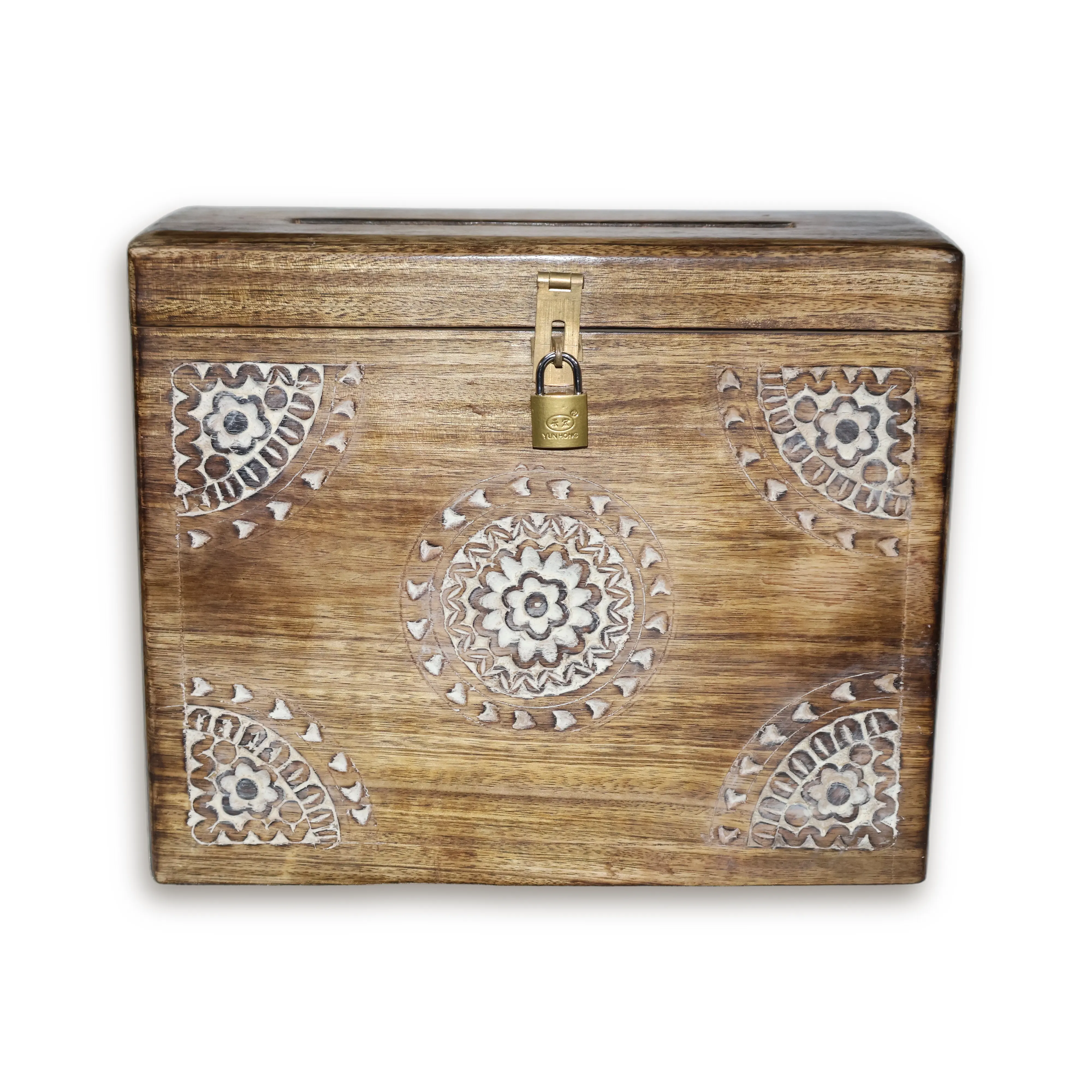 ArtistryBazaar 12"L x 4.5"W x 10"H inch handcrafted wooden letterbox with lock and white patterns, designed for home, office, or any event, storage solution for your important mail and documents. 