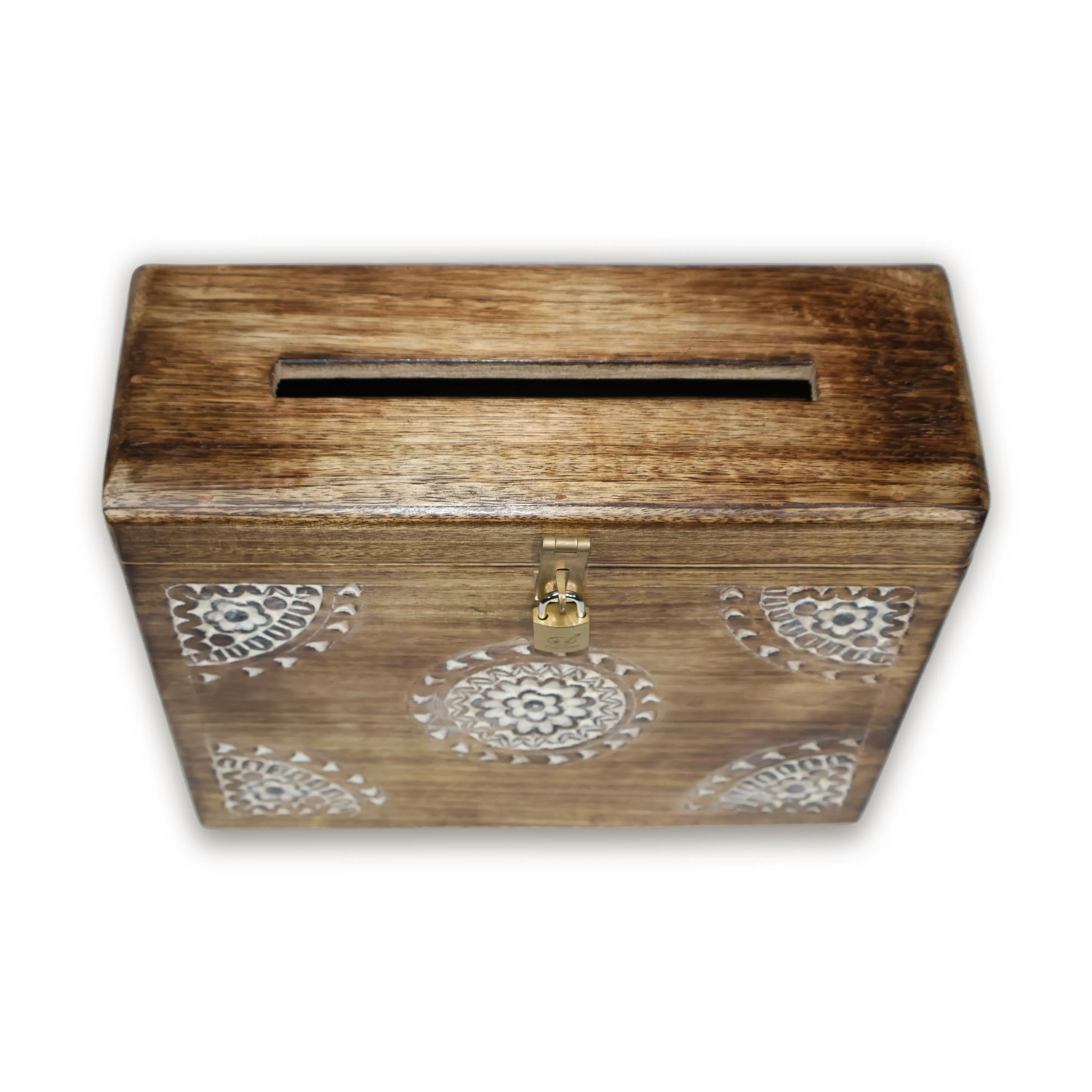 ArtistryBazaar 12"L x 4.5"W x 10"H inch handcrafted wooden letterbox with lock and white patterns, designed for home, office, or any event, storage solution for your important mail and documents. 