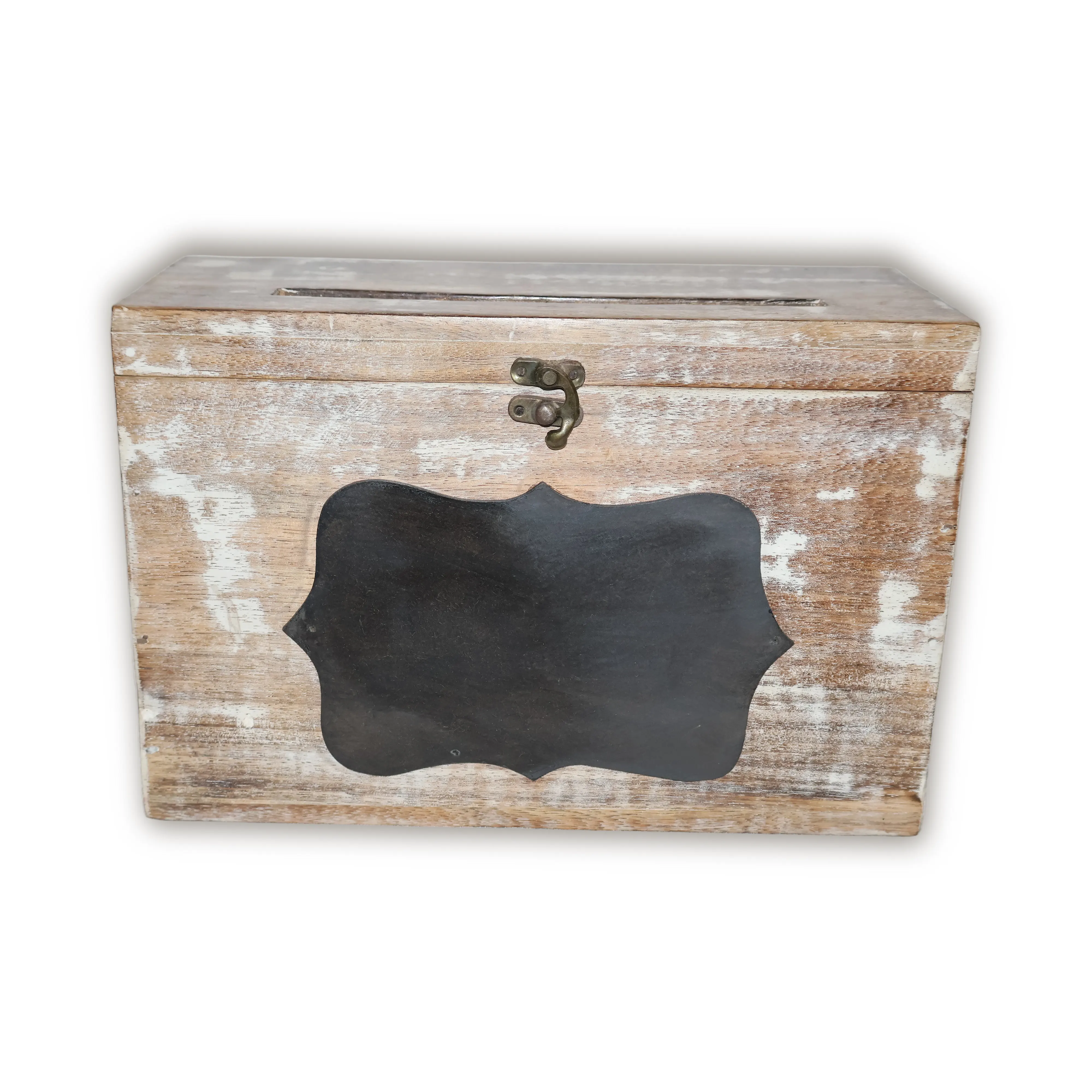 ArtistryBazaar 12"L x 5.6"W x 8"H inch handmade wooden letterbox with chalkboard panel, vintage metal latch, distressed wood finish, perfect for storing letters, notes, and personal messages.