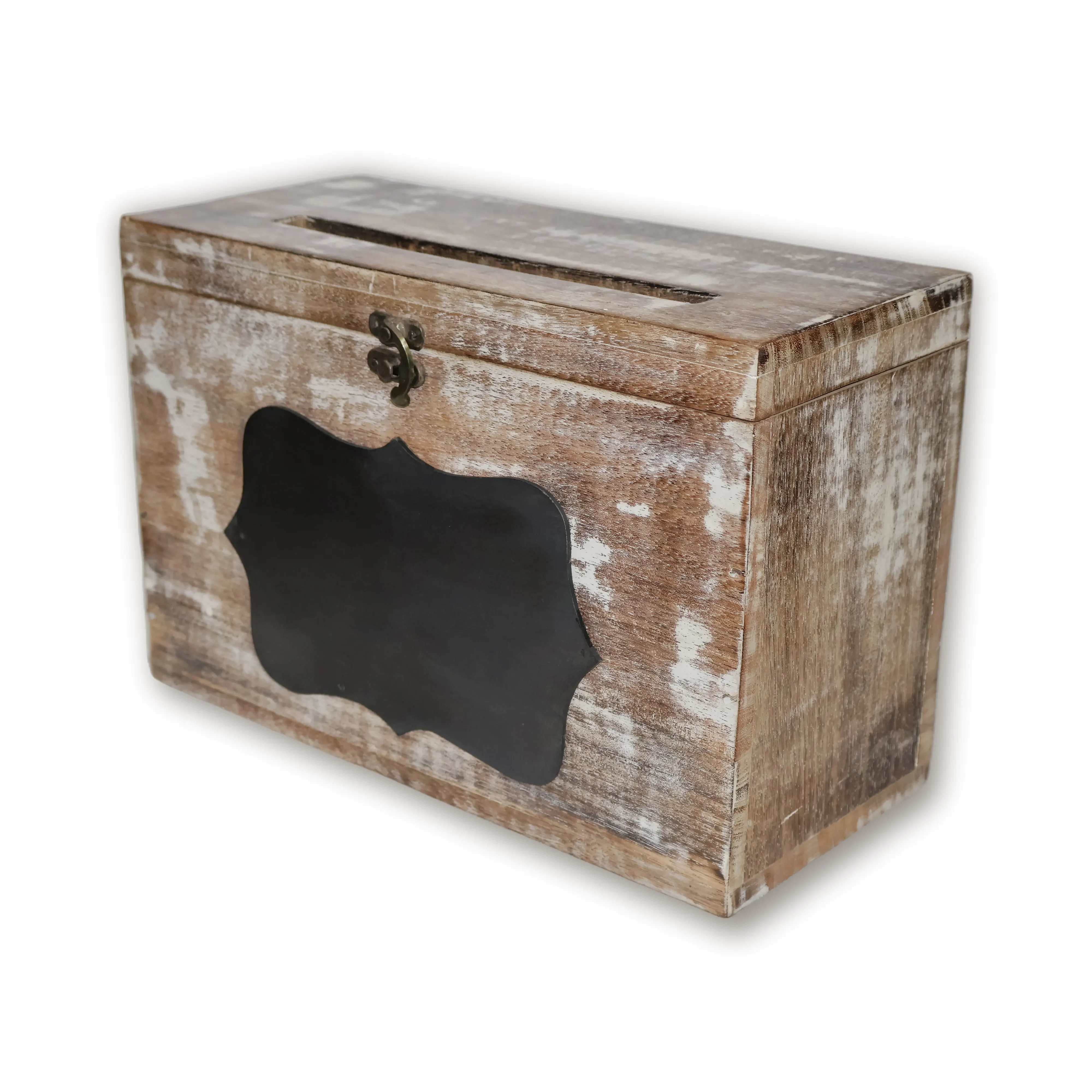 ArtistryBazaar 12"L x 5.6"W x 8"H inch handmade wooden letterbox with chalkboard panel, vintage metal latch, distressed wood finish, perfect for storing letters, notes, and personal messages.