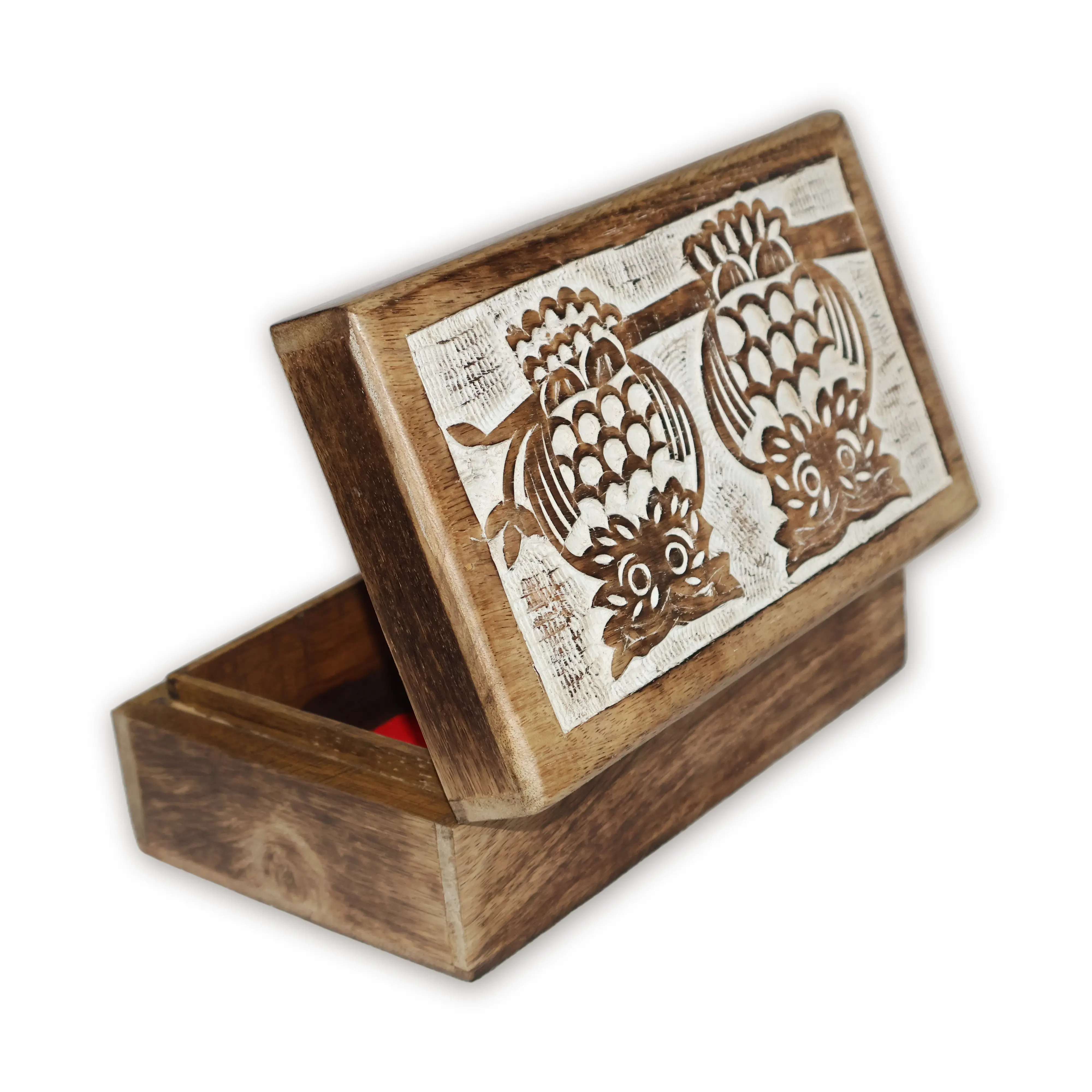 ArtistryBazaar 8"L x 5"W x 3"H inch handmade wooden jewelry box with well-detailed owls design and red velvet interior, optimal for storing jewelry, trinkets, and valuable keepsakes.