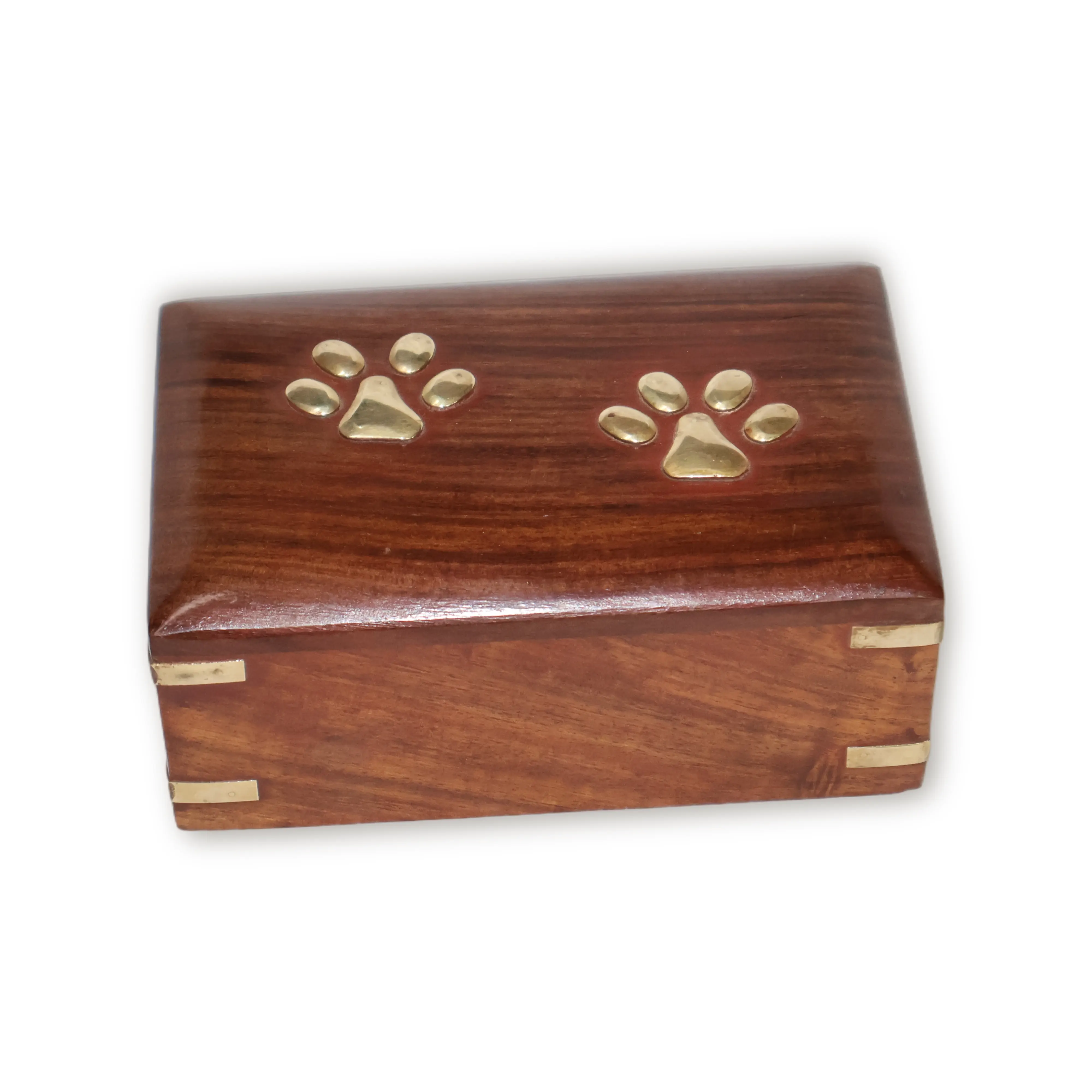 ArtistryBazaar 5"L x 3.4"W x 2"H inch handmade wooden pet urn with sliding panel, golden paw prints, dark brown polished wood finish, compact design for pet ashes and mementos.