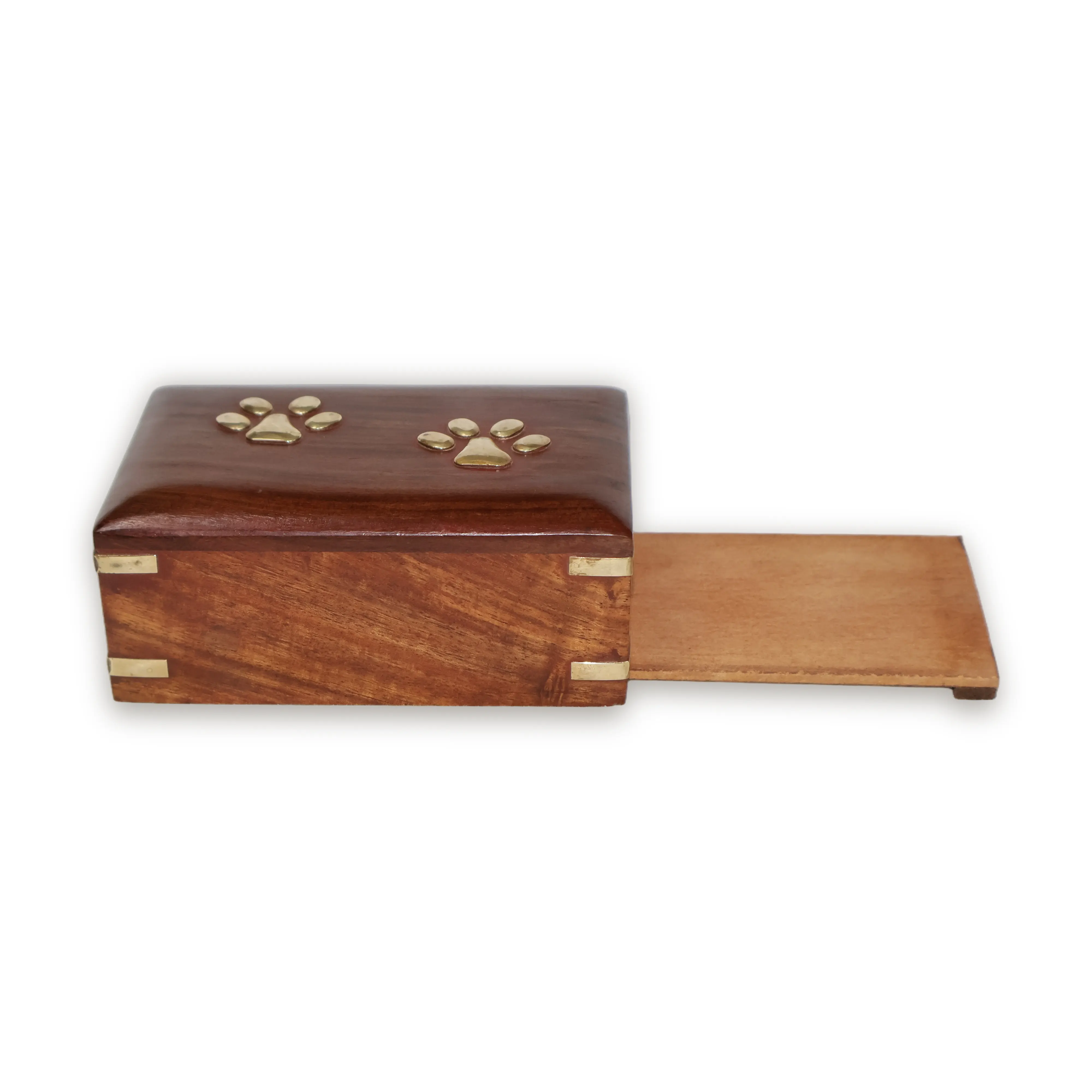 ArtistryBazaar 5"L x 3.4"W x 2"H inch handmade wooden pet urn with sliding panel, golden paw prints, dark brown polished wood finish, compact design for pet ashes and mementos.