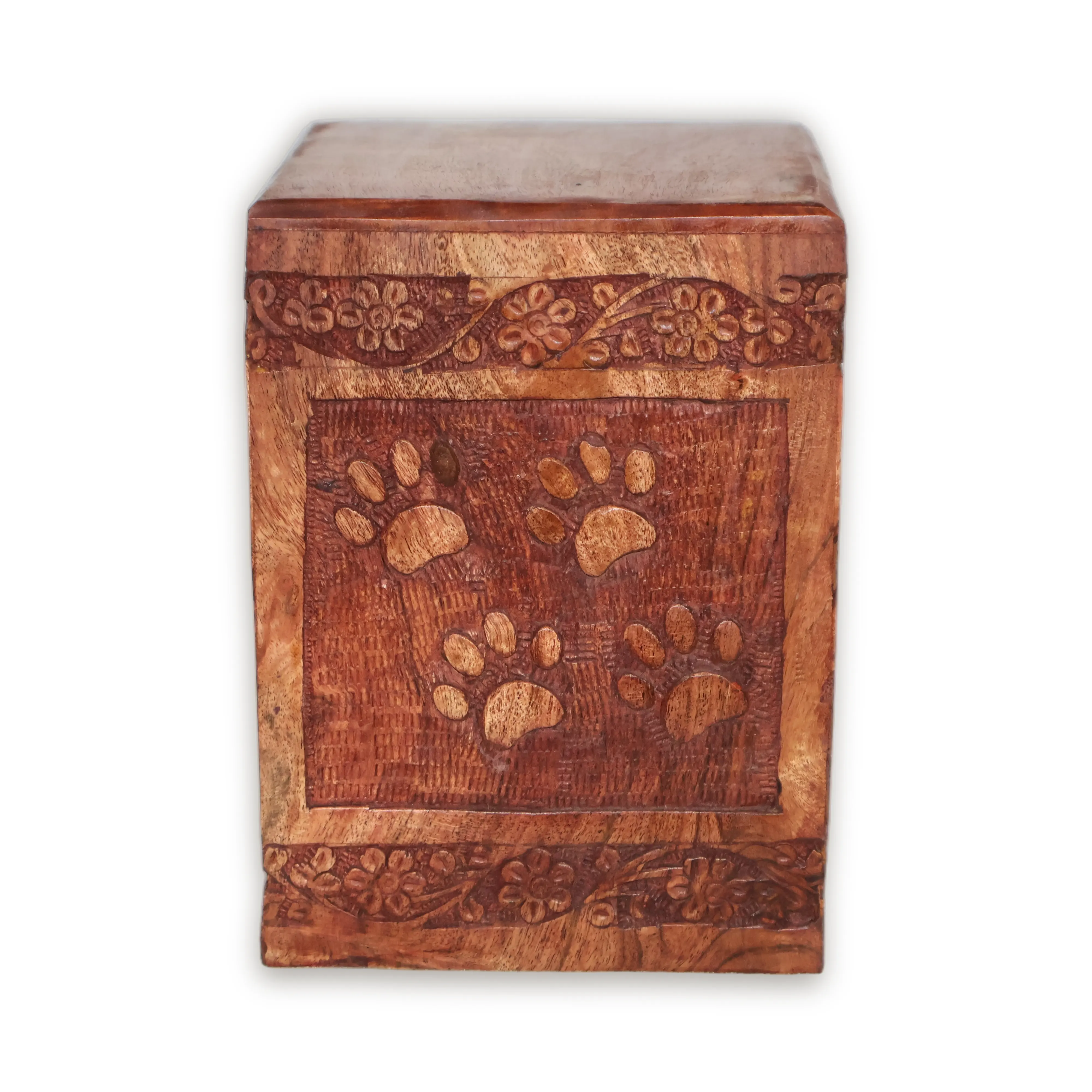 ArtistryBazaar 5"L x 5"W x 7"H inch wooden urn box for pets with paw prints and floral accents, dark brown finish, sliding panel on top, handmade by skilled artisans.