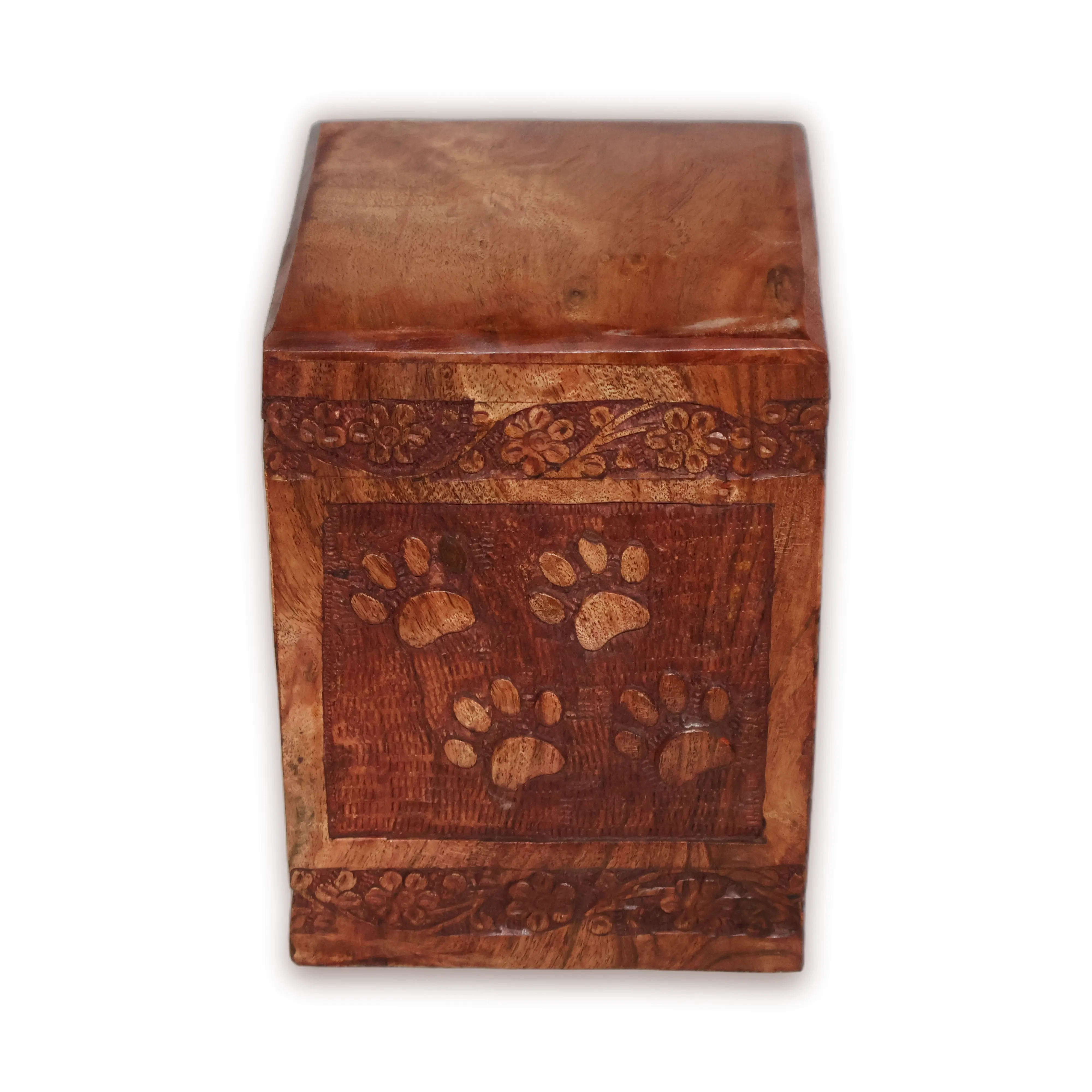ArtistryBazaar 5"L x 5"W x 7"H inch wooden urn box for pets with paw prints and floral accents, dark brown finish, sliding panel on top, handmade by skilled artisans.