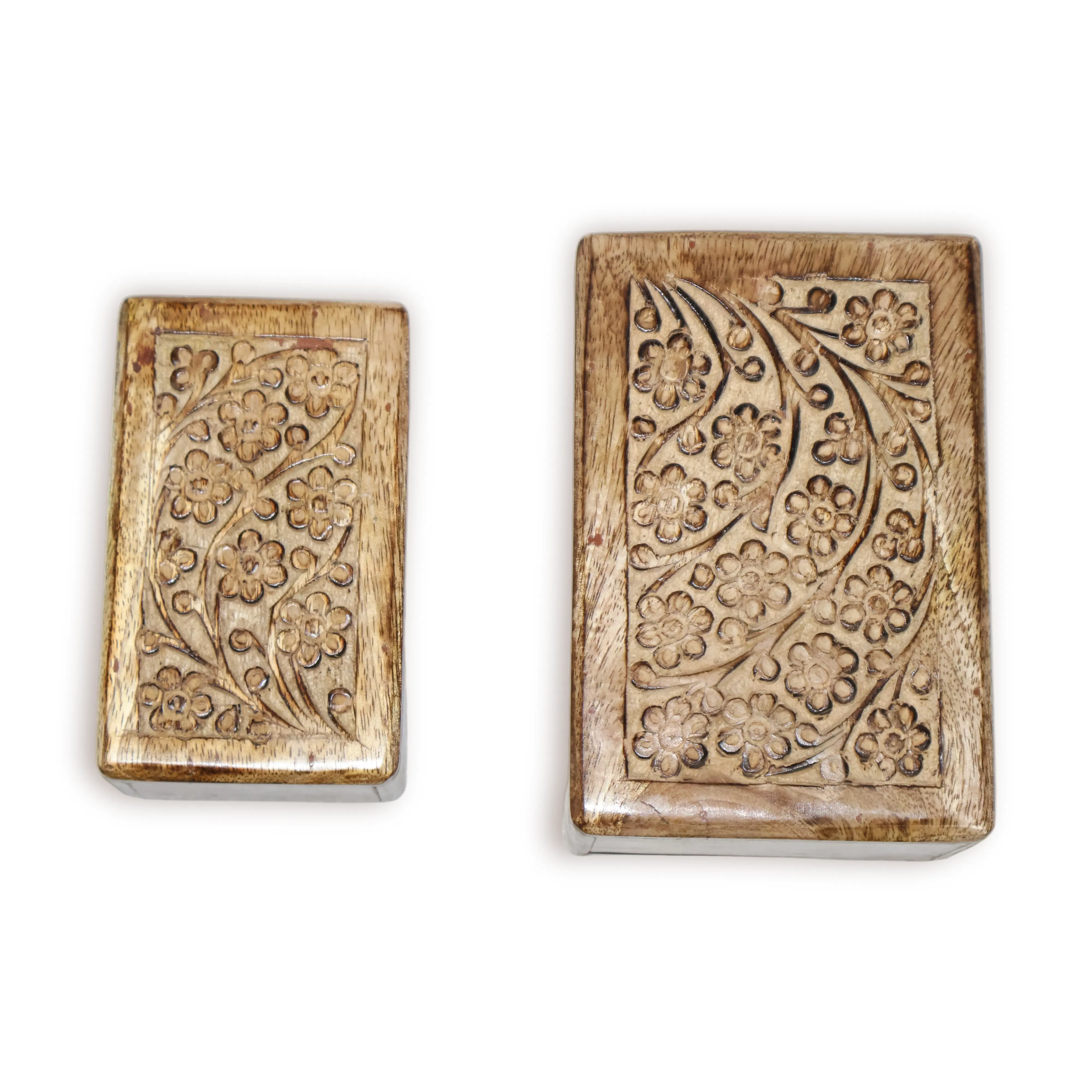 ArtistryBazaar 6"L x 4"W x 3"H inch set of handmade wooden urn boxes, rustic design with polished edges, floral sliding lid on top, natural wood grain finish.