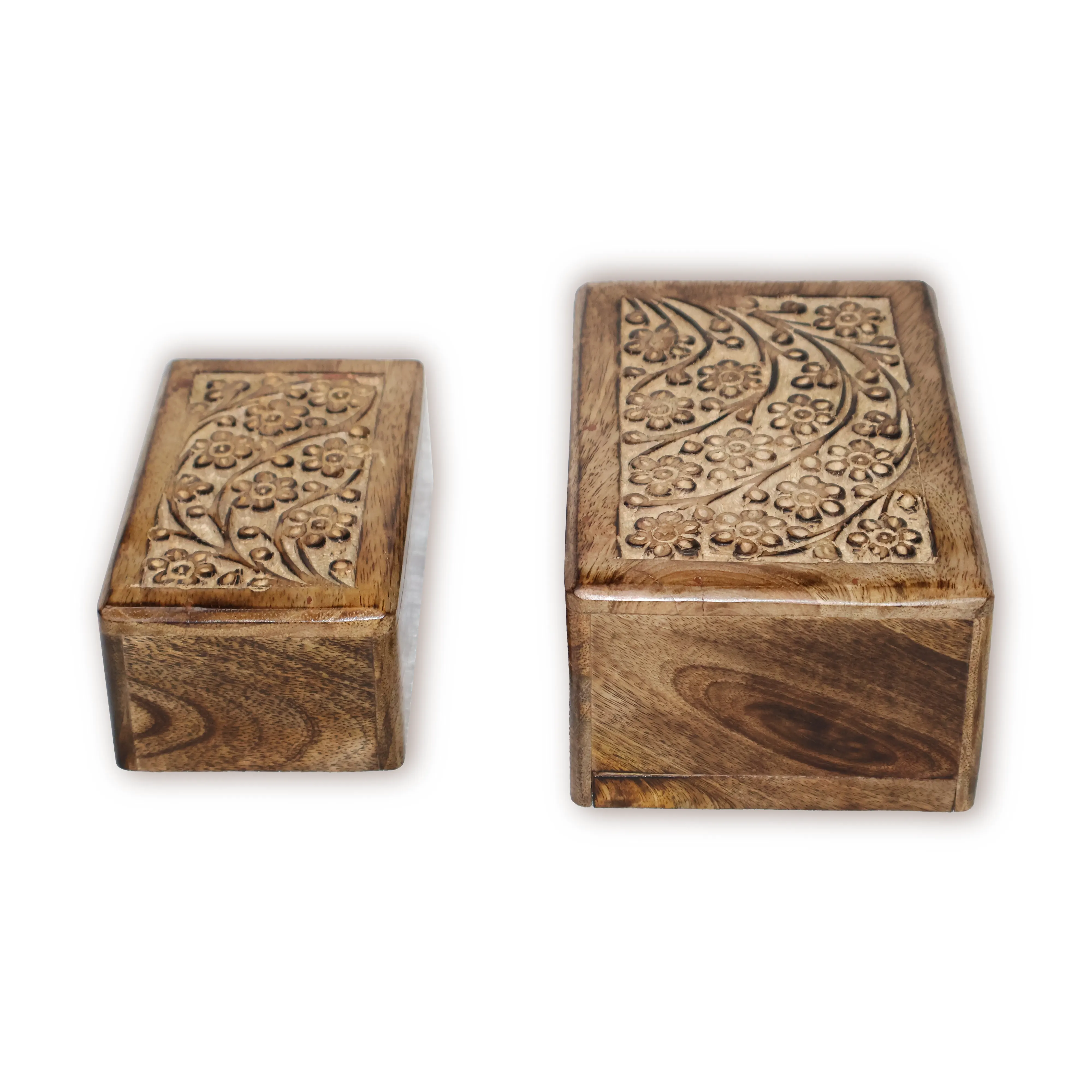 ArtistryBazaar 6"L x 4"W x 3"H inch set of handmade wooden urn boxes, rustic design with polished edges, floral sliding lid on top, natural wood grain finish.