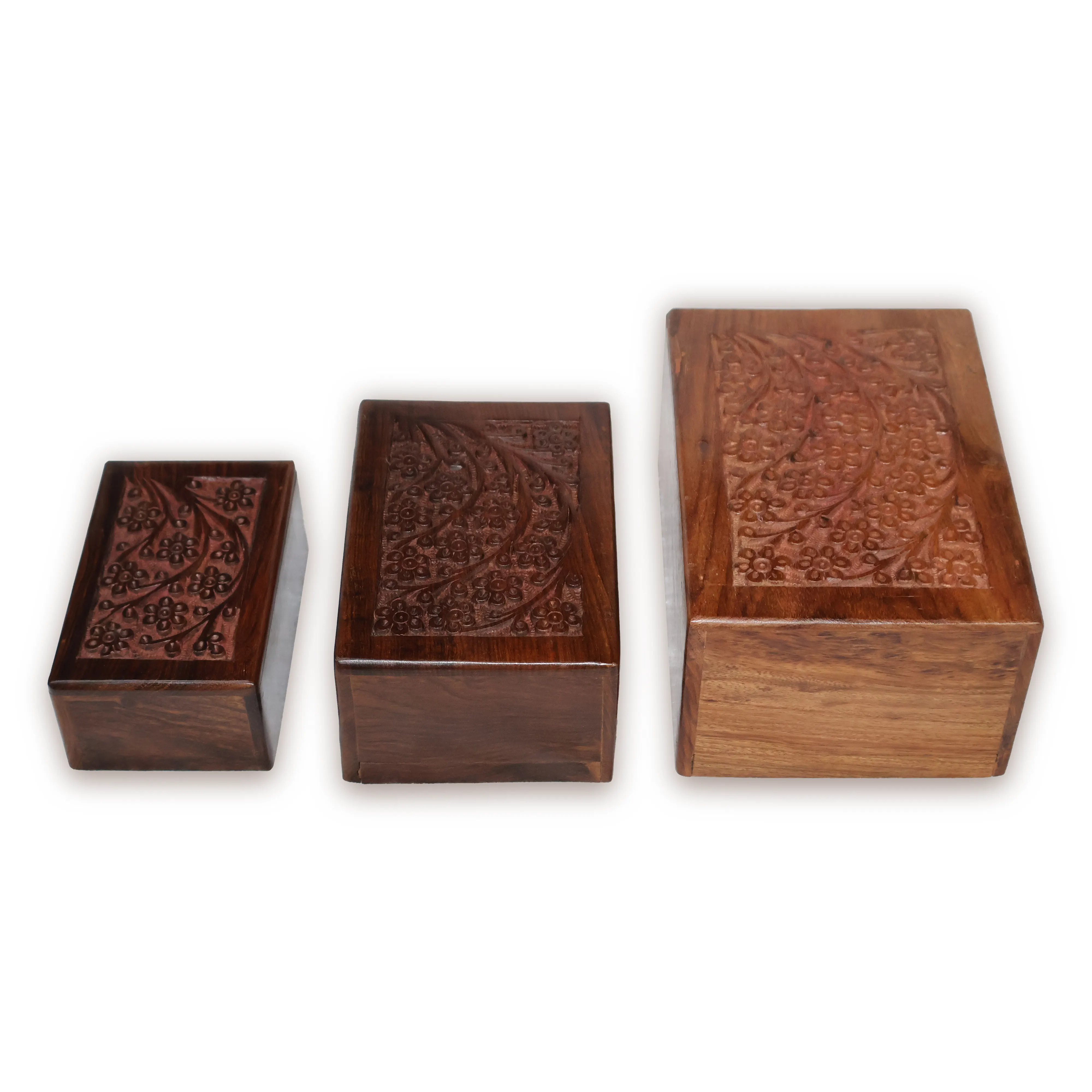 ArtistryBazaar 7.5"L x 5.5"W x 3.5"H inch handmade wooden urn box trio, sliding floral lids, available in three sizes, perfect for storing ashes of humans or pets.