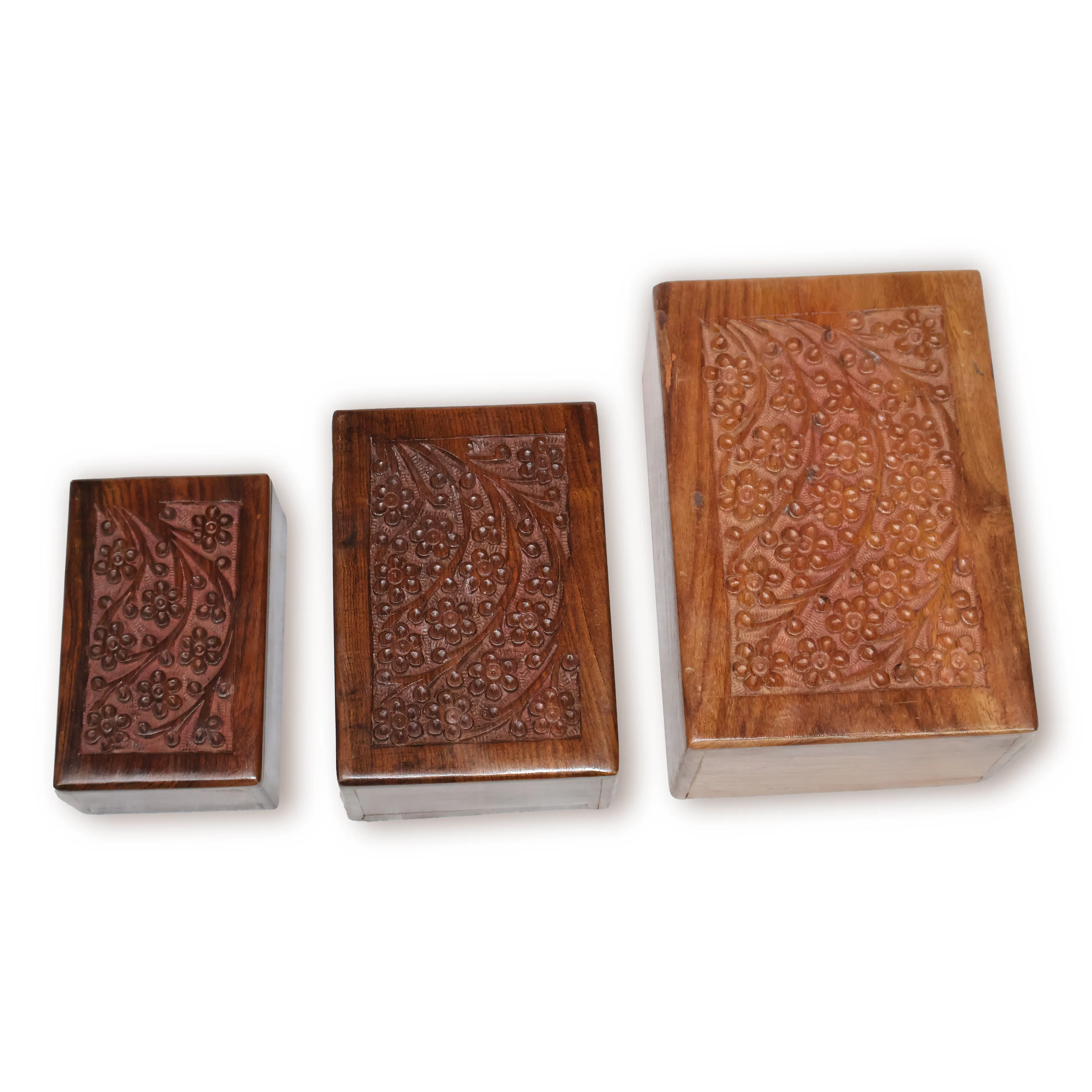 ArtistryBazaar 7.5"L x 5.5"W x 3.5"H inch handmade wooden urn box trio, sliding floral lids, available in three sizes, perfect for storing ashes of humans or pets.
