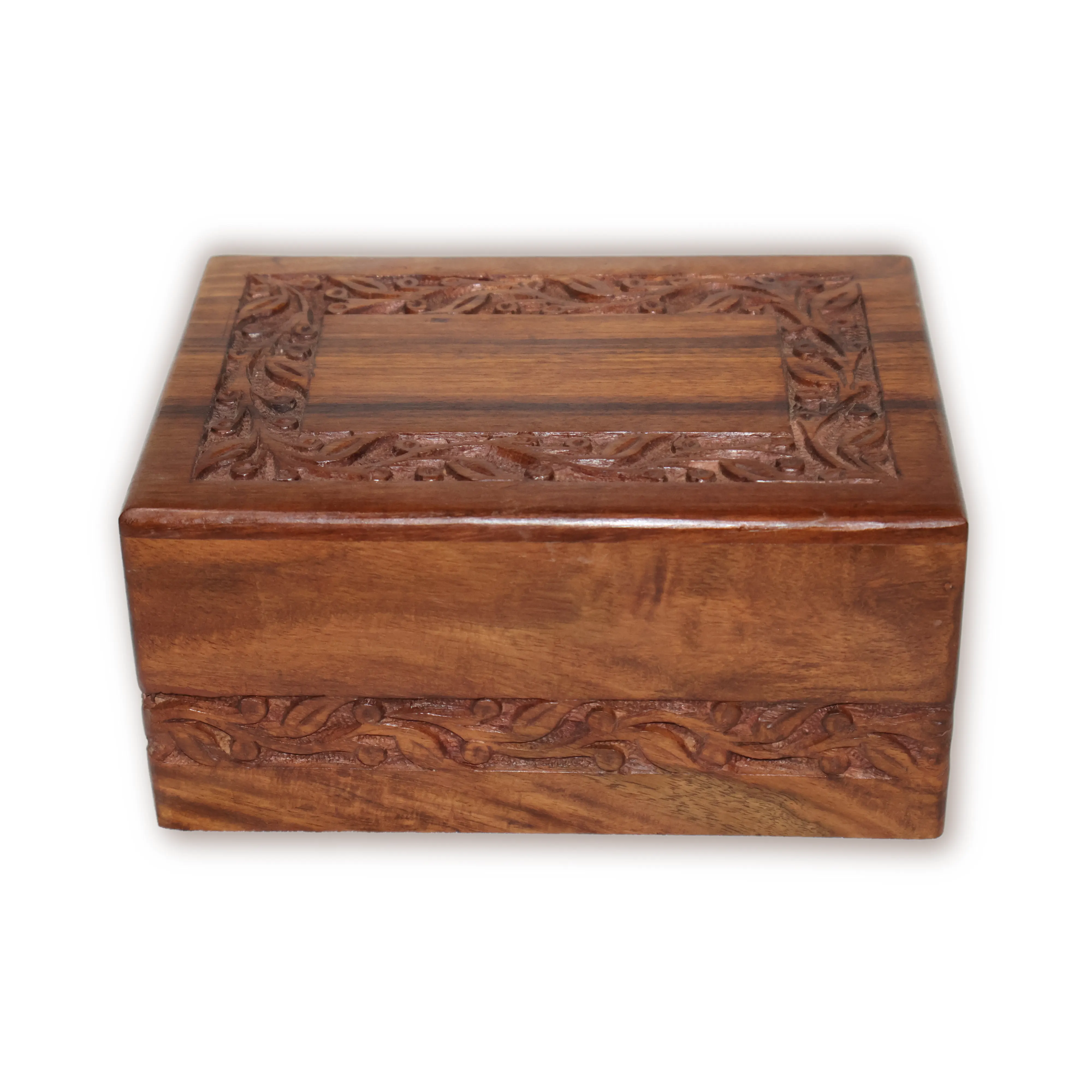 ArtistryBazaar 7.5"L x 5.5"W x 3.5"H inch handcrafted wooden urn box with a sliding lid, floral designs on the exterior, wood grain finish for keeping ashes of humans or pets.
