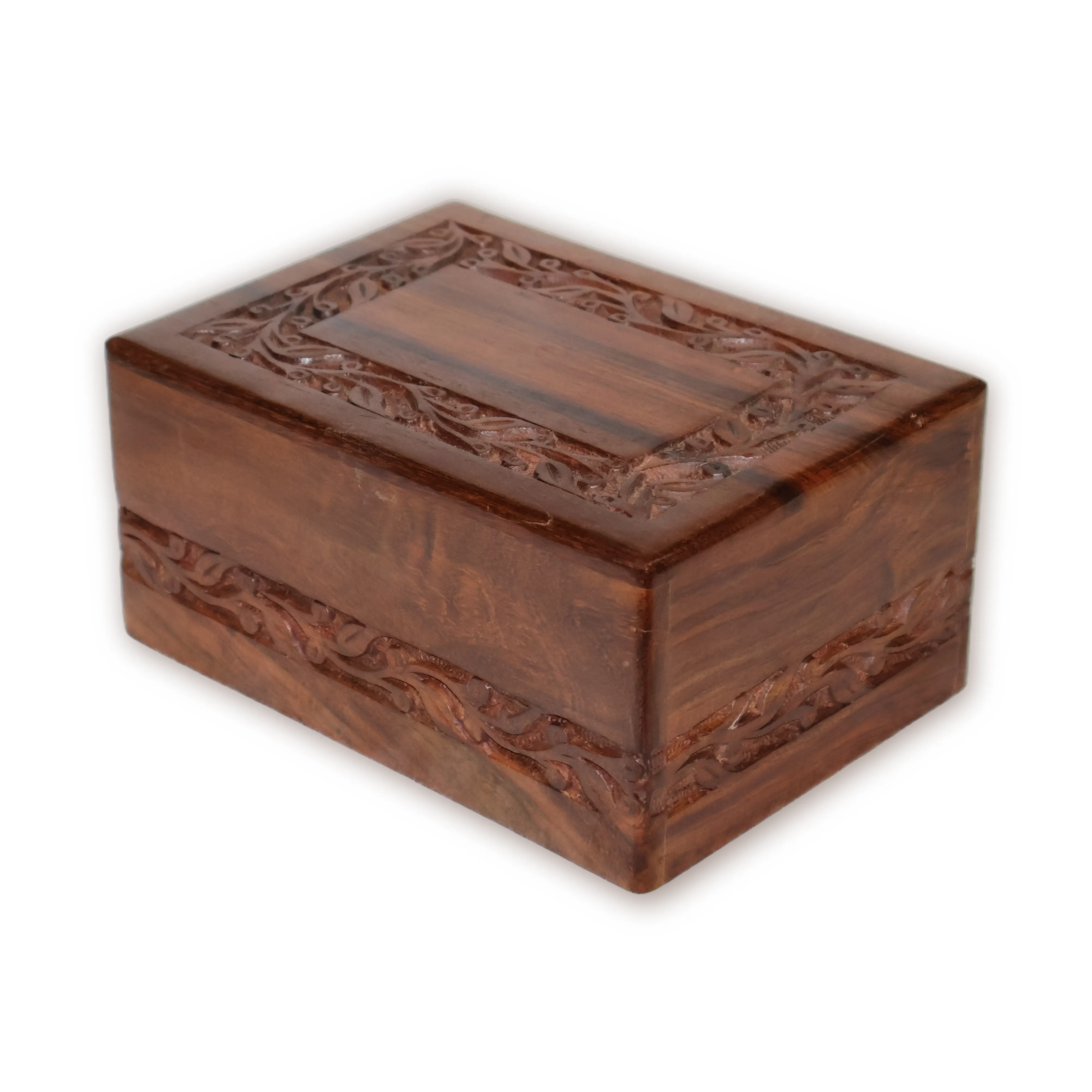 ArtistryBazaar 7.5"L x 5.5"W x 3.5"H inch handcrafted wooden urn box with a sliding lid, floral designs on the exterior, wood grain finish for keeping ashes of humans or pets.