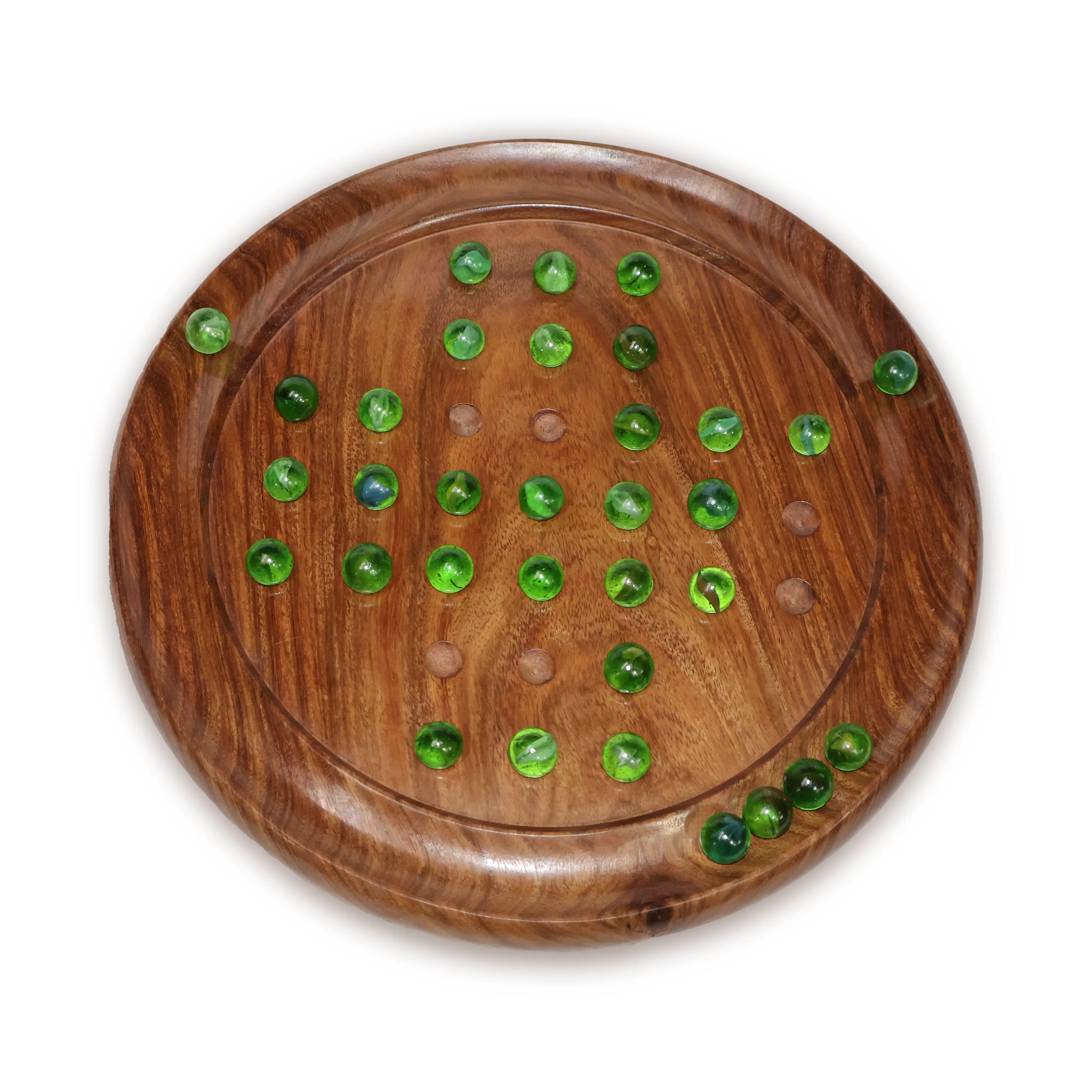 ArtistryBazaar 12"L x 12"W x 1"H inch handmade wooden solitaire game, brown round board with 33 glass marbles, lightweight, great for family game night or solo play.