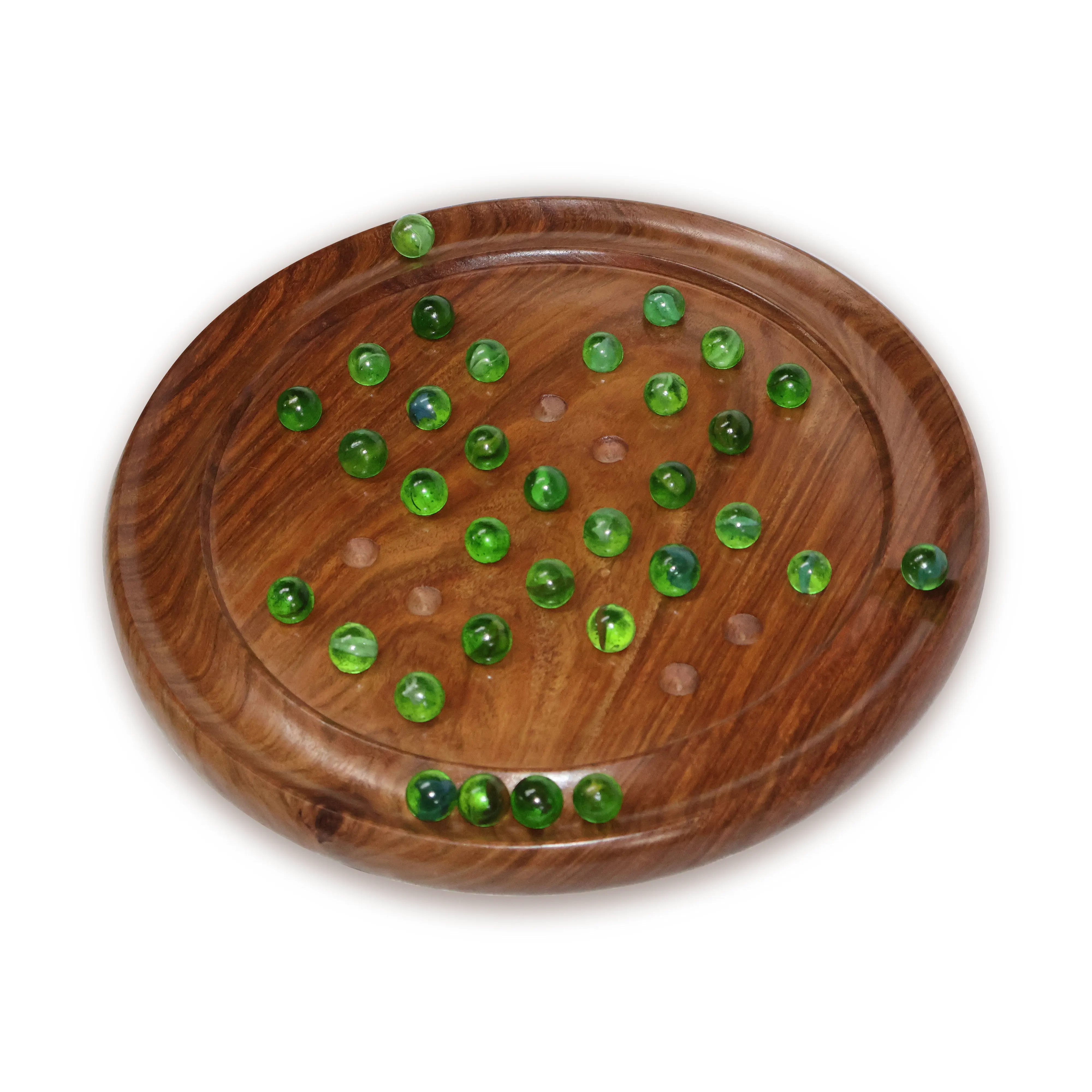 ArtistryBazaar 12"L x 12"W x 1"H inch handmade wooden solitaire game, brown round board with 33 glass marbles, lightweight, great for family game night or solo play.