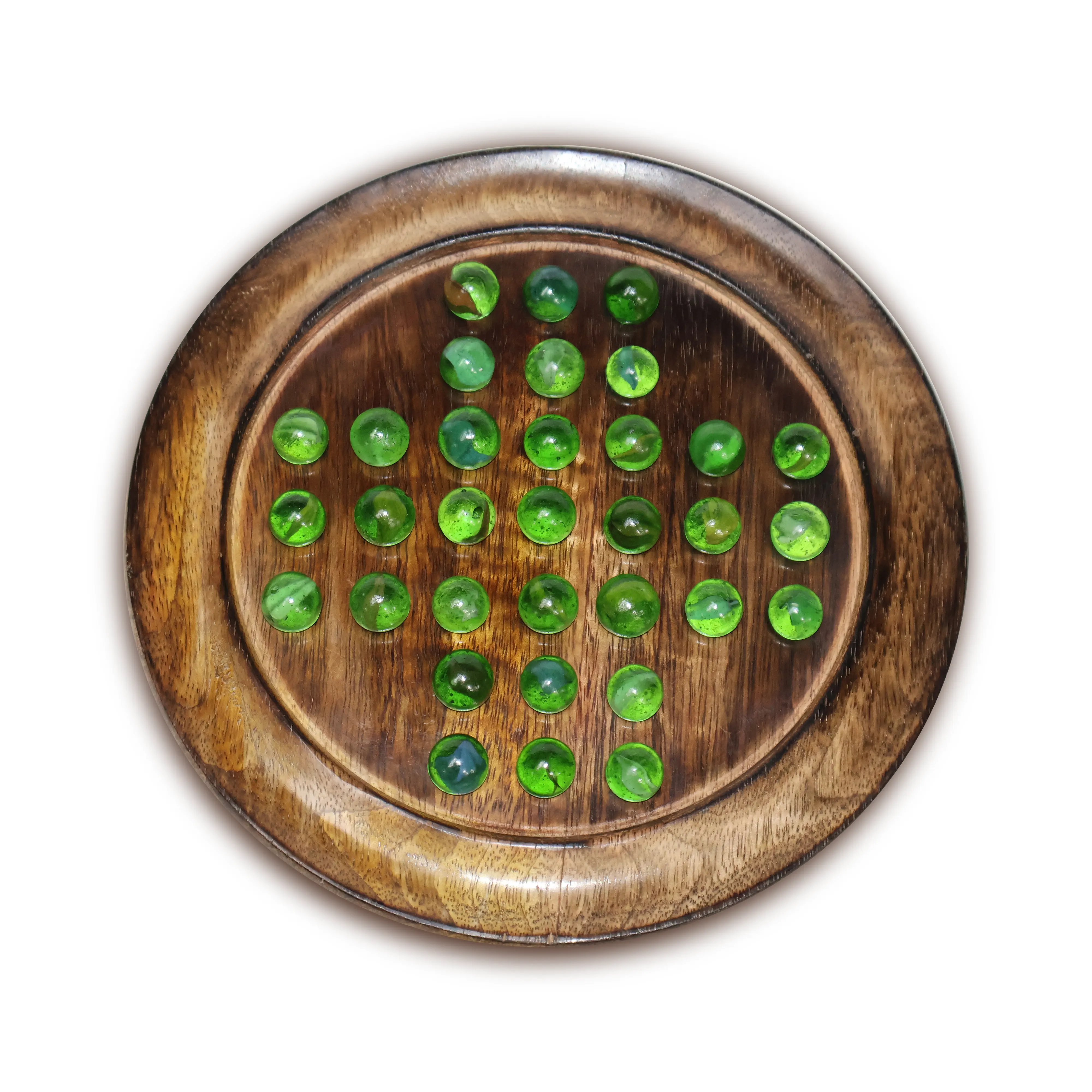ArtistryBazaar 9"L x 9"W x 1"H inch wooden solitaire game, dark brown circular board, made with quality wood, glass marbles, smooth and polished surface, relaxing gameplay experience.