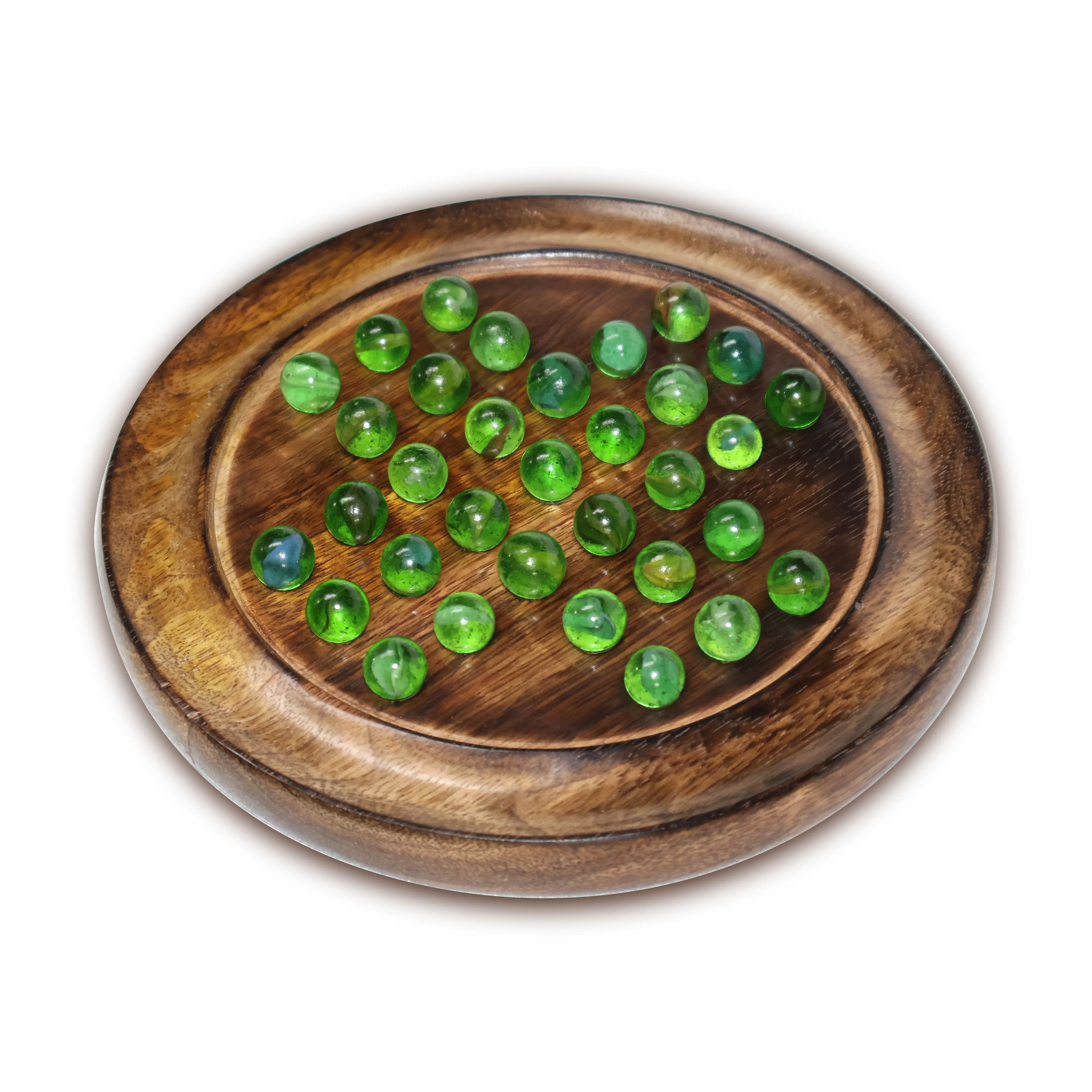 ArtistryBazaar 9"L x 9"W x 1"H inch wooden solitaire game, dark brown circular board, made with quality wood, glass marbles, smooth and polished surface, relaxing gameplay experience.