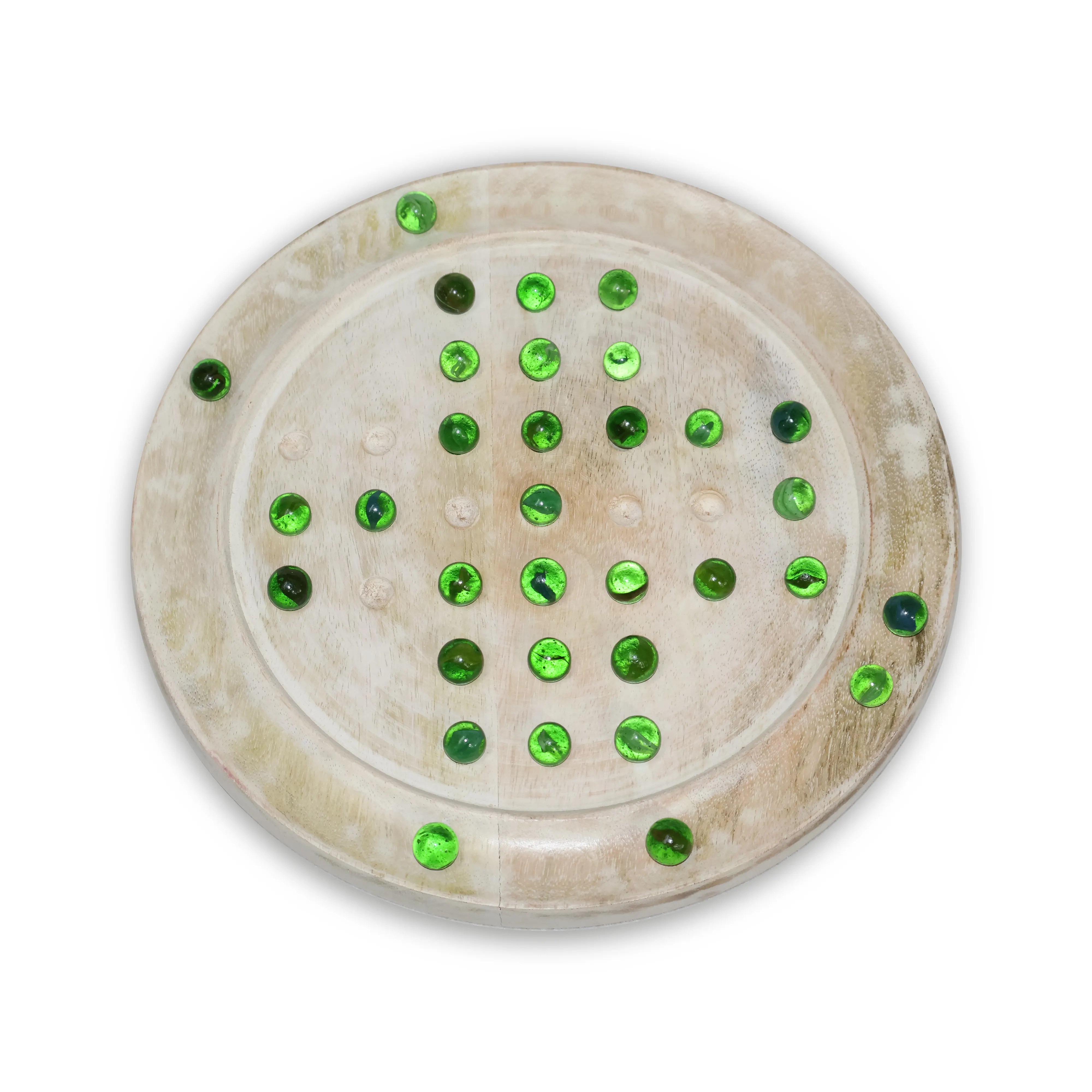ArtistryBazaar 12"L x 12"W x 1"H inch white wooden solitaire board game, round design with glass marbles, durable high-quality wood craftsmanship, a must-have game for your leisure time.