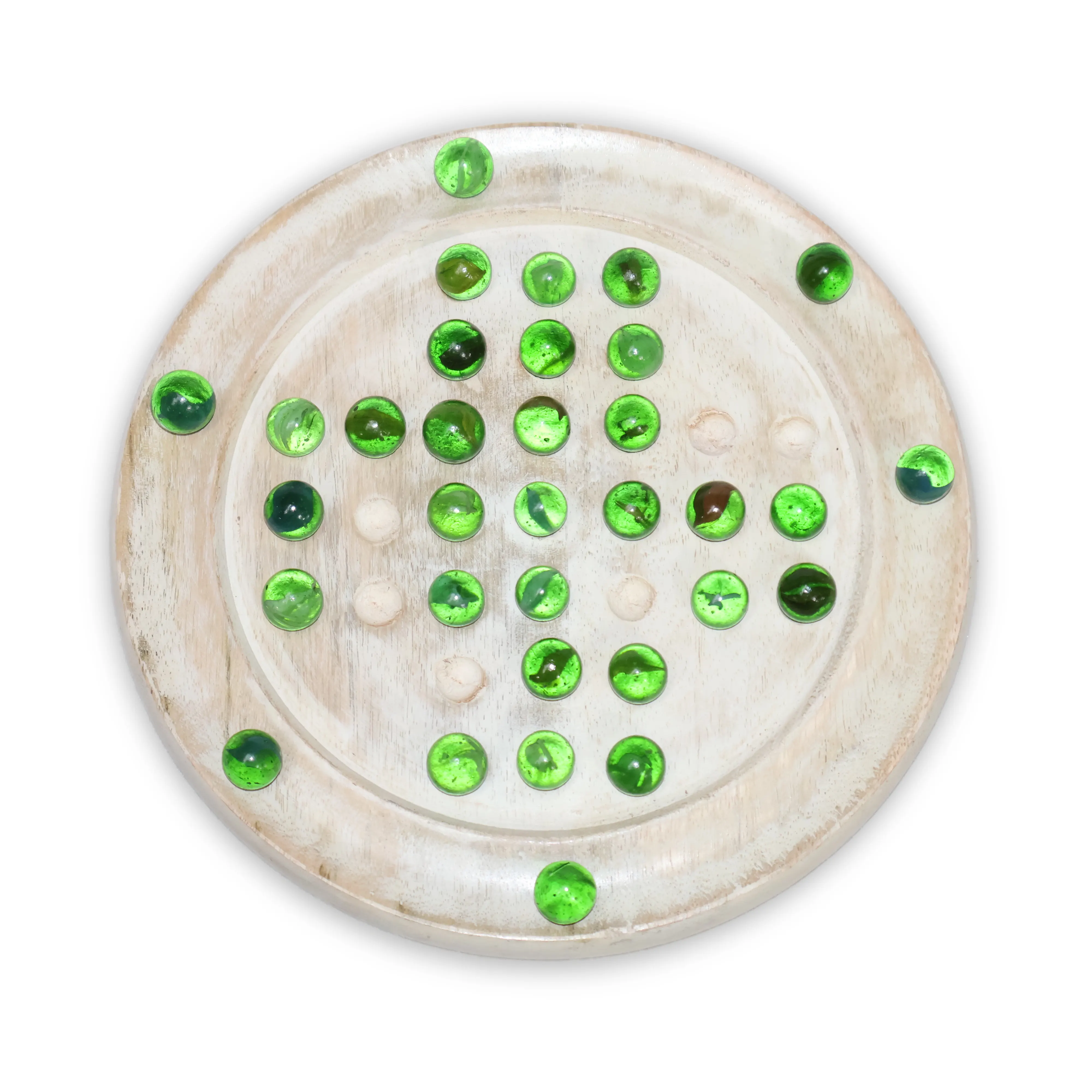 ArtistryBazaar 9"L x 9"W x 1"H inch handmade wooden solitaire game, round white board with glass marbles, designed for ultimate fun, a terrific gift for lovers of board games.