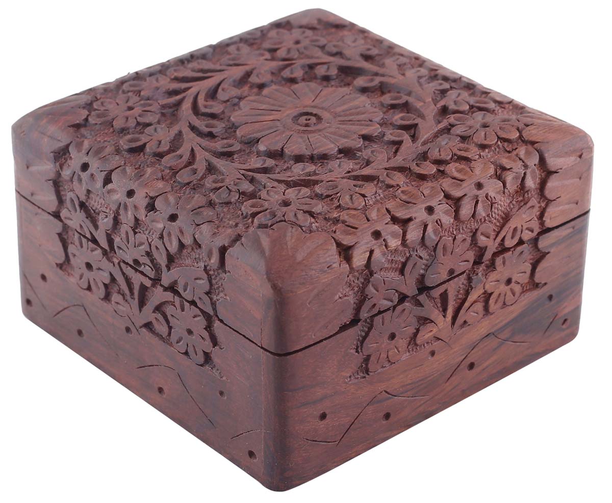 Source 3.5” Wooden Cubical Jewelry Box in Bulk - Wholesale Handmade Distressed Maroon Jewelry Box/Trinket Box with Floral Motif Carving from India