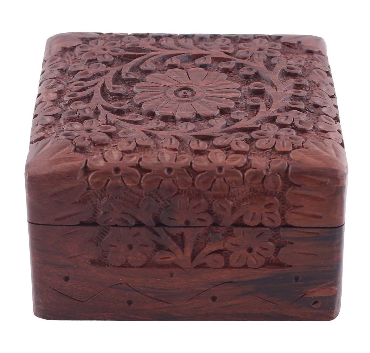 Source 3.5” Wooden Cubical Jewelry Box in Bulk - Wholesale Handmade Distressed Maroon Jewelry Box/Trinket Box with Floral Motif Carving from India