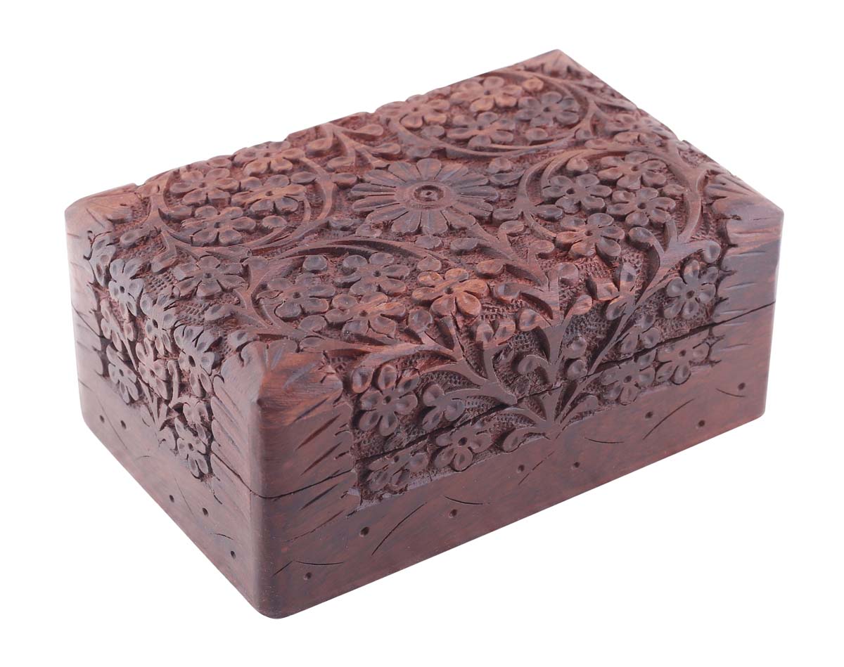 Wholesale 5.5” Wooden Rectangular Jewelry Box in Bulk - Source Handmade Jewelry Box/Trinket Box with Floral Motif Carving - Antique-Look Accessory Organizers from India
