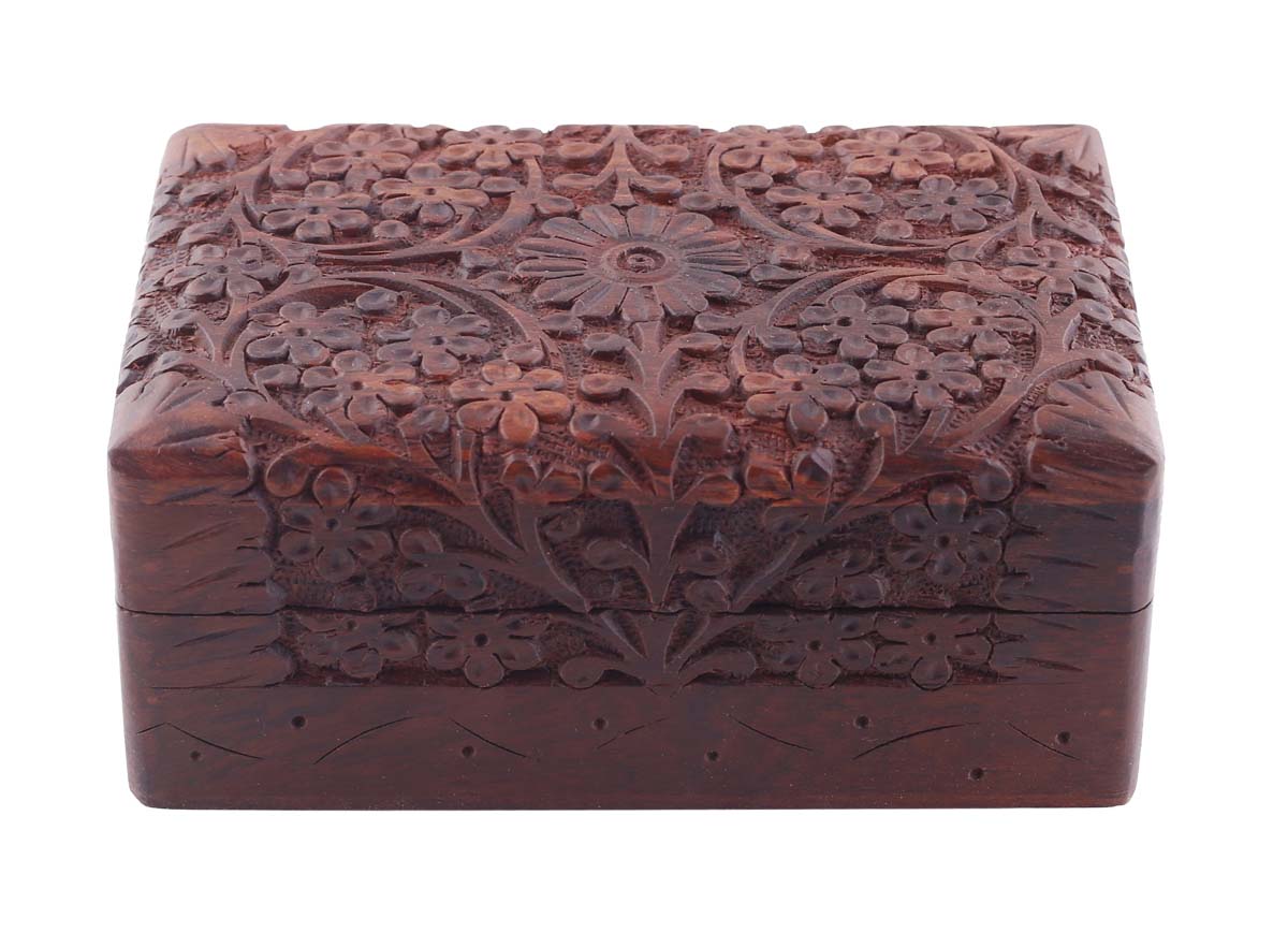 Wholesale 5.5” Wooden Rectangular Jewelry Box in Bulk - Source Handmade Jewelry Box/Trinket Box with Floral Motif Carving - Antique-Look Accessory Organizers from India