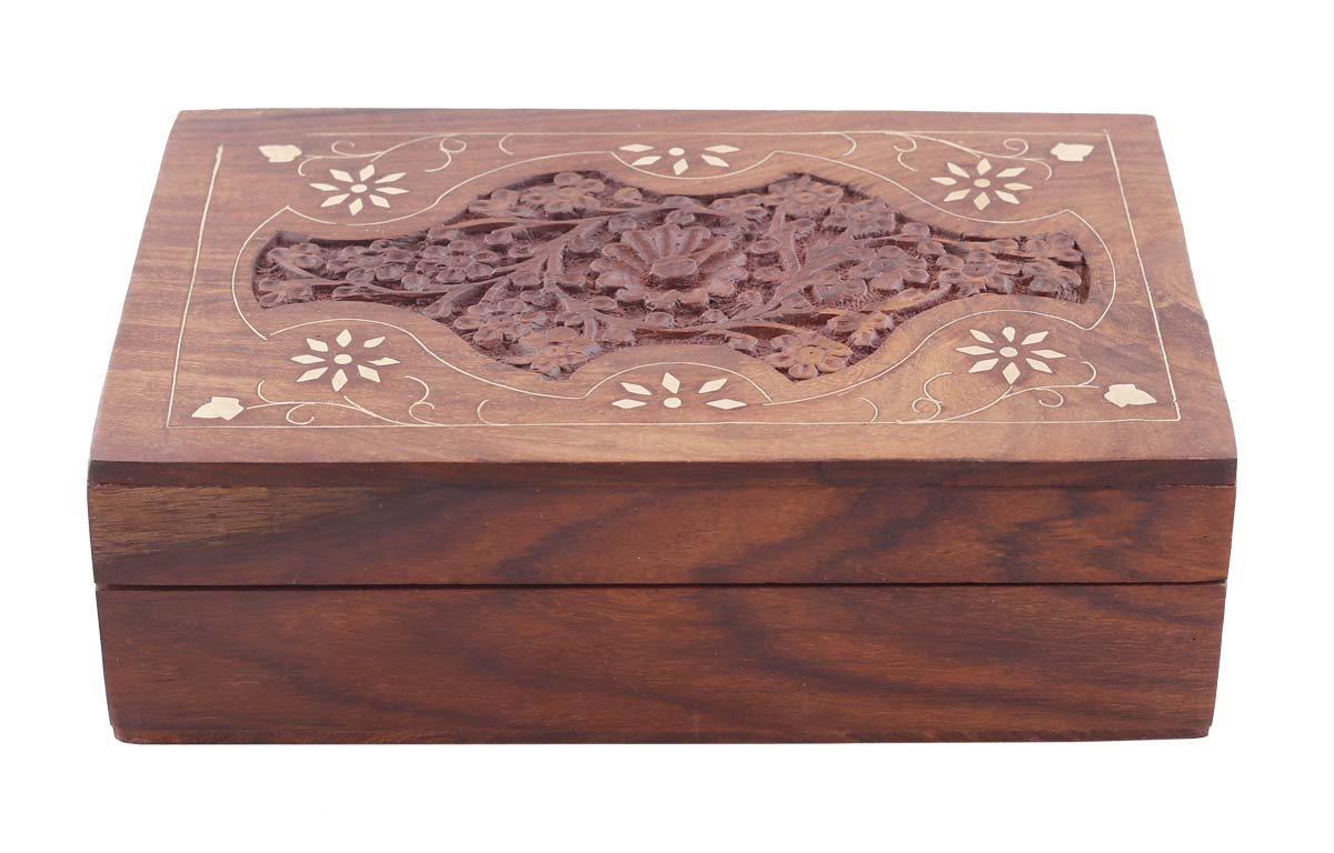 8x5” Wooden Rectangular Jewelry Box in Bulk - Wholesale Handmade Jewelry Box/Trinket Box with Floral Motif Carving & Brass Inlay Work - Antique-Look Accessory Organizers from India
