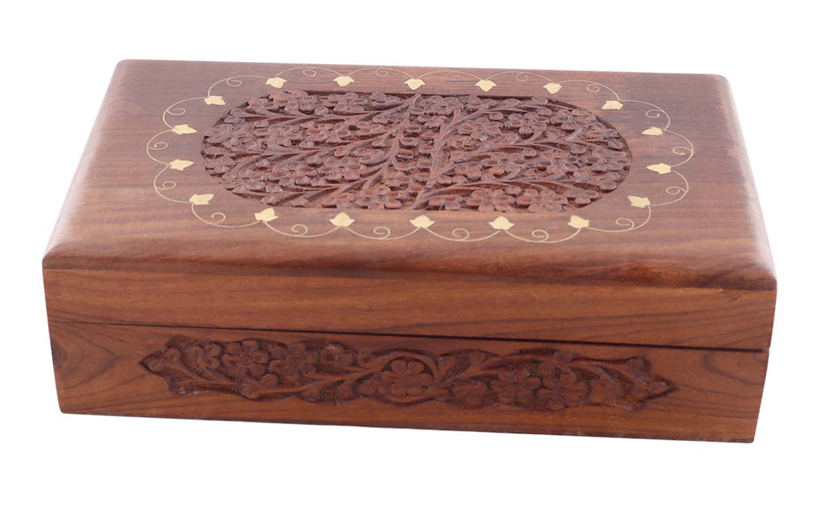 Bulk Buy 10x6” Wooden Jewelry Box - Wholesale Handmade Jewelry Box/Trinket Box with Floral Motif Carving & Brass Inlay Work from India