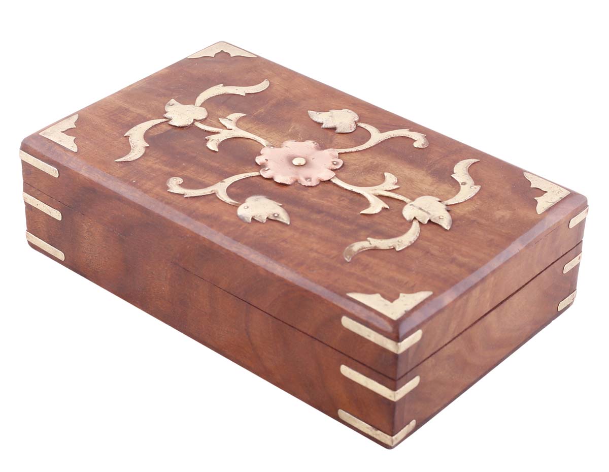 Source 8x5” Wooden Jewelry Box in Bulk - Wholesale Hand-Carved Jewelry Box/Trinket Box with Floral Motifs in Brass - Antique-Look Accessory Organizers from India