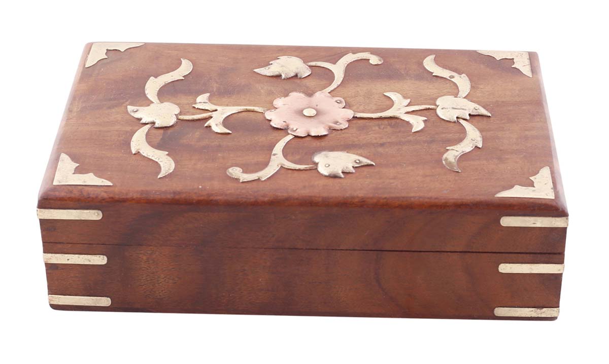 Source 8x5” Wooden Jewelry Box in Bulk - Wholesale Hand-Carved Jewelry Box/Trinket Box with Floral Motifs in Brass - Antique-Look Accessory Organizers from India