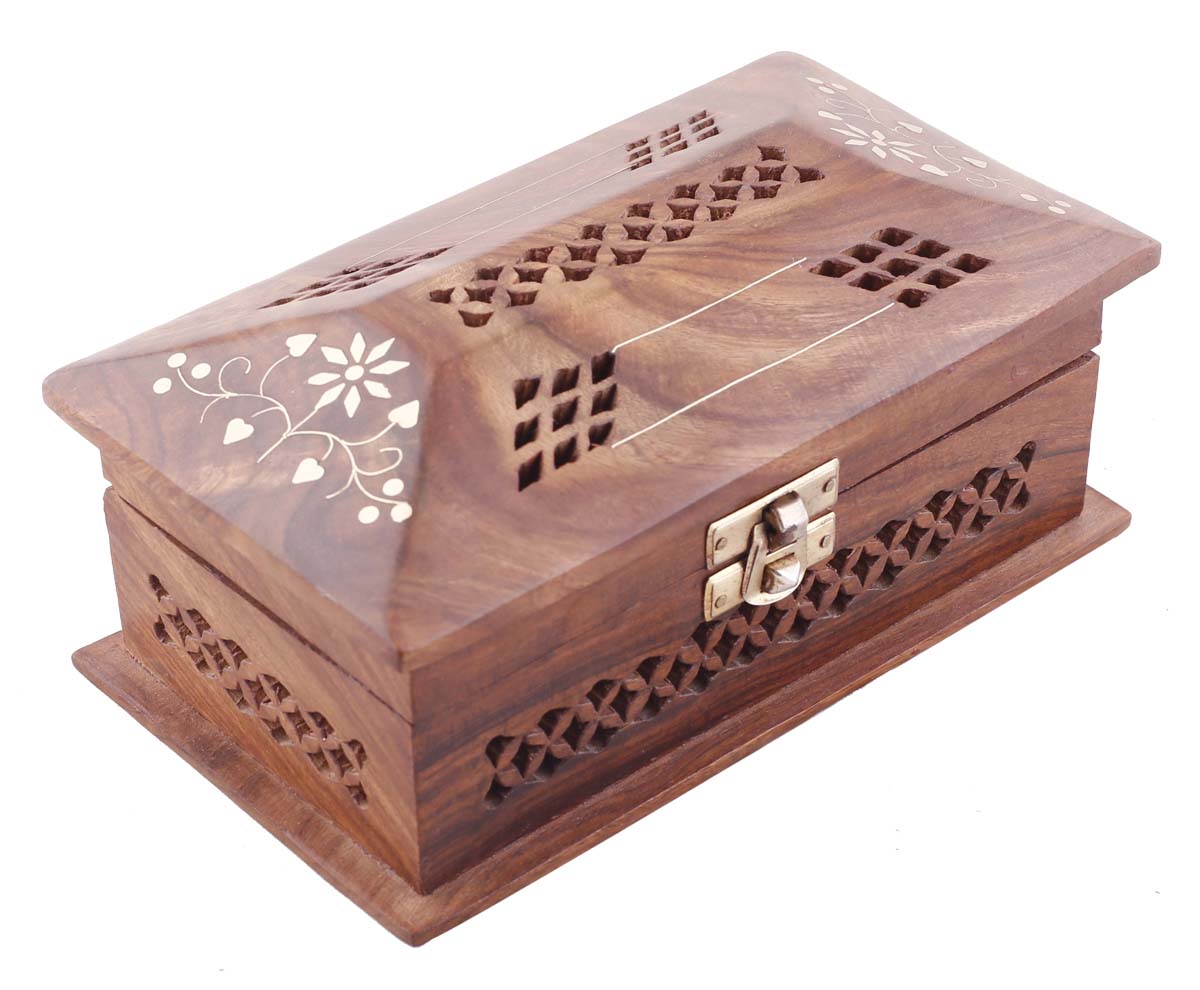 Wholesale 7x4” Wooden Jewelry Box in Bulk - Source Hand-Carved Jewelry Box/Trinket Box with Perforated Pattern and Brass Inlay Work - Antique-Look Accessory Organizers from India