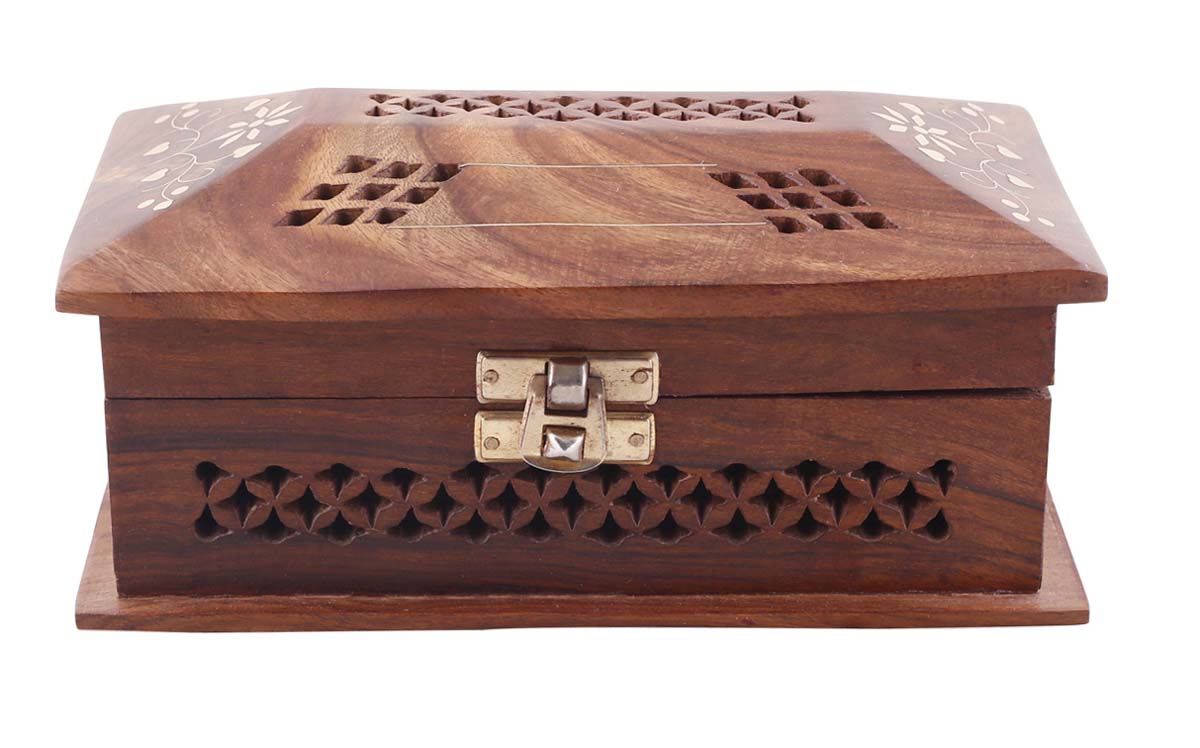 Wholesale 7x4” Wooden Jewelry Box in Bulk - Source Hand-Carved Jewelry Box/Trinket Box with Perforated Pattern and Brass Inlay Work - Antique-Look Accessory Organizers from India